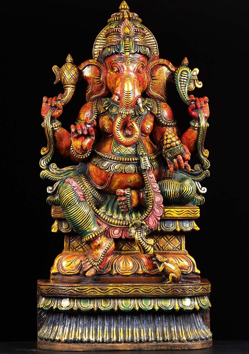 Wooden Red Ganesh Statue 36.5"