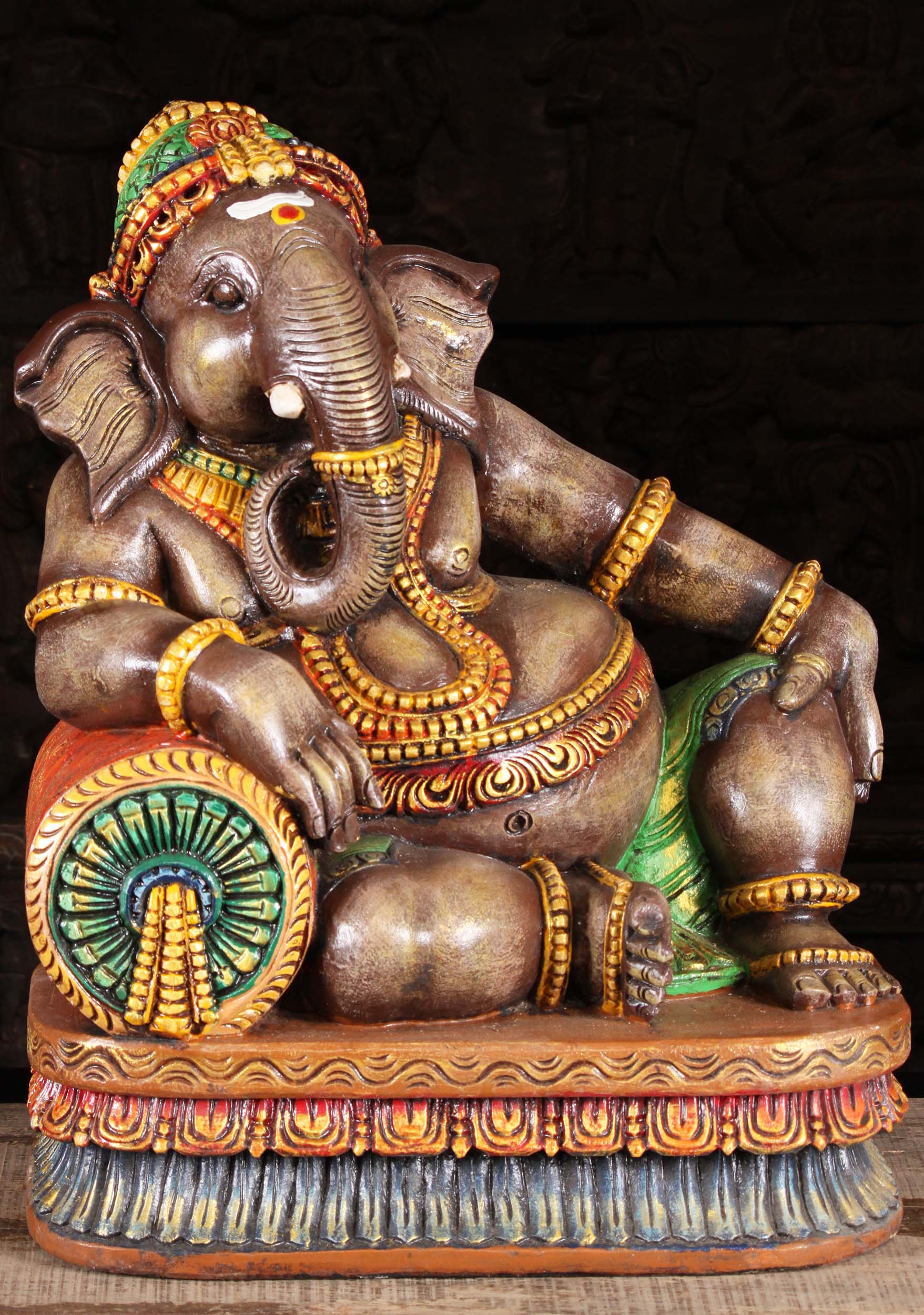 Wood Ganesha Sculpture Relaxing on a Pillow 24"