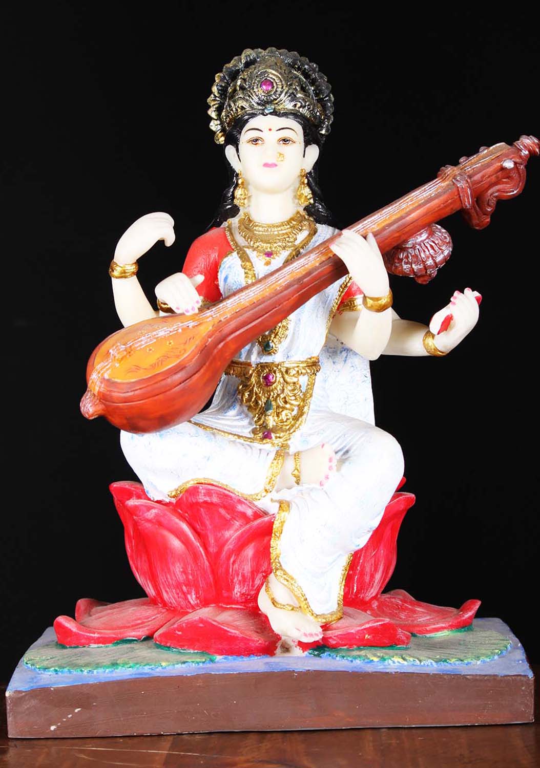 Fiber Saraswati Statue on Lotus Base 17"