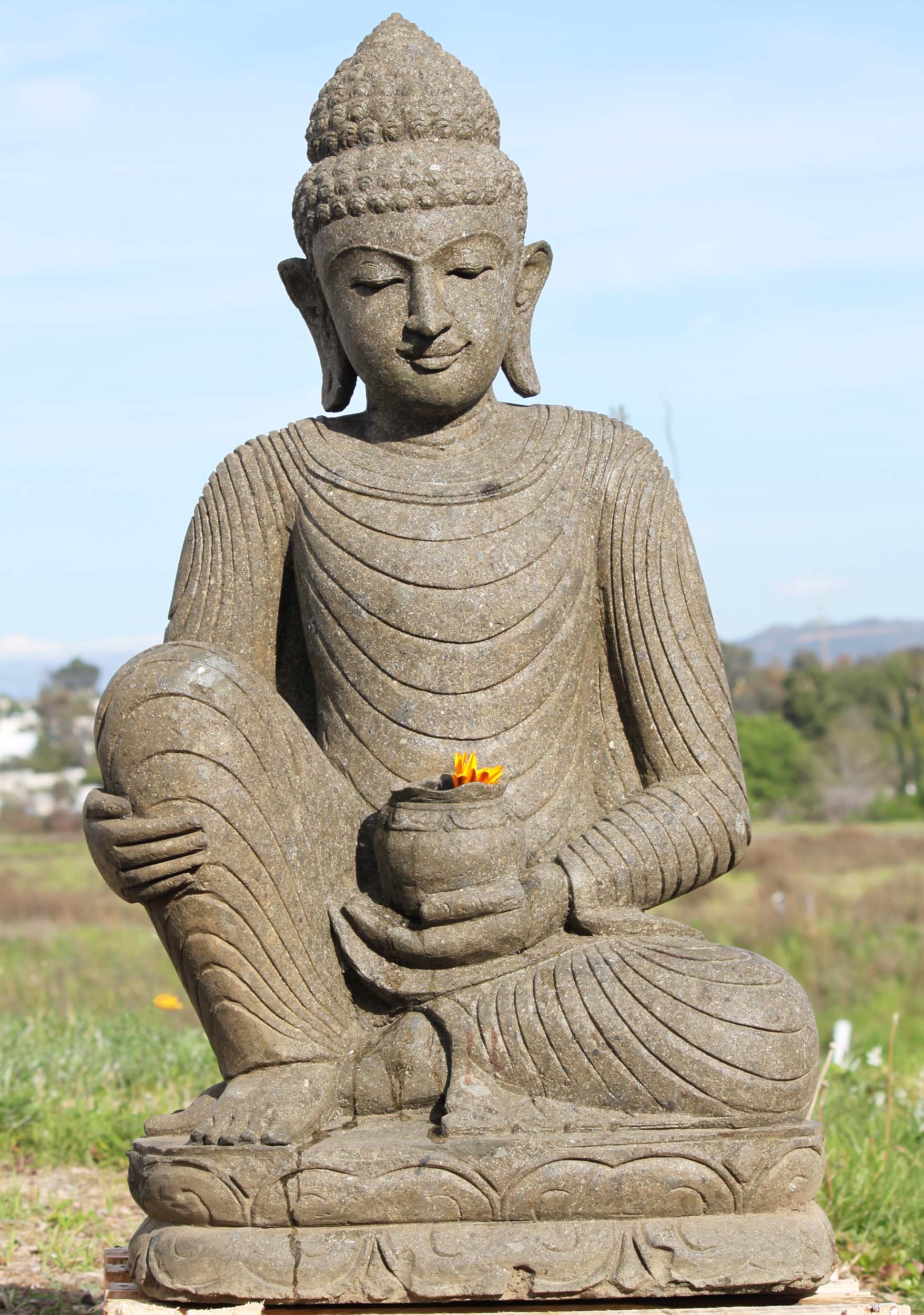 Stone Resting Buddha Statue Holding Alms Bowl 41"