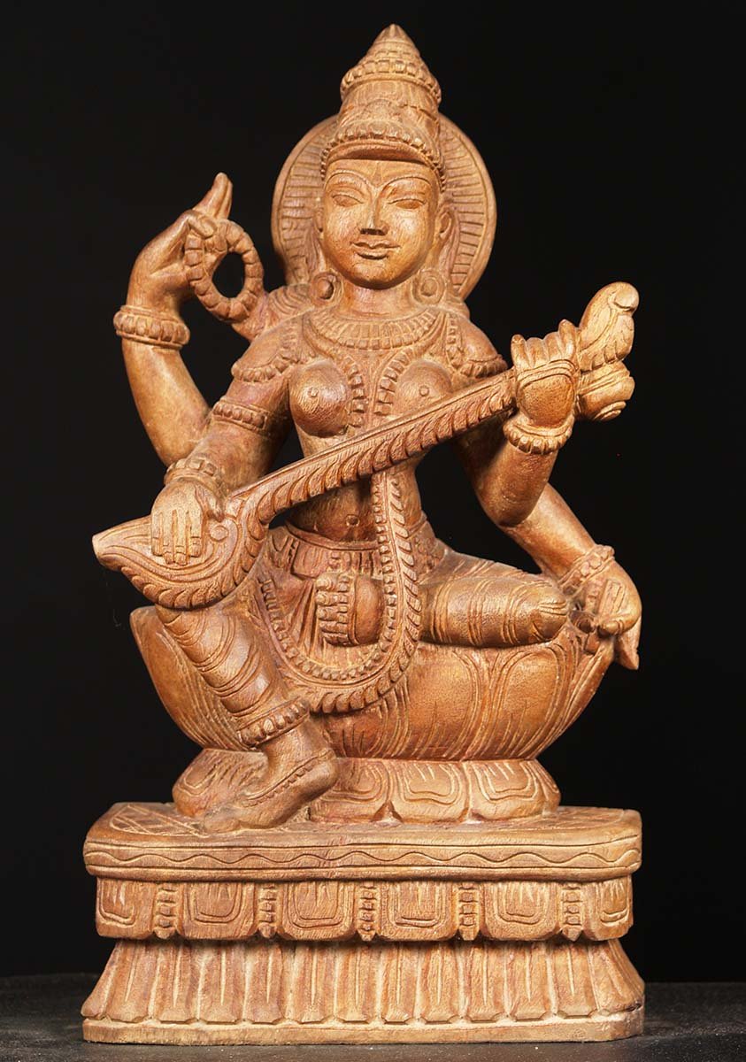 Wooden Saraswati Carving 18"