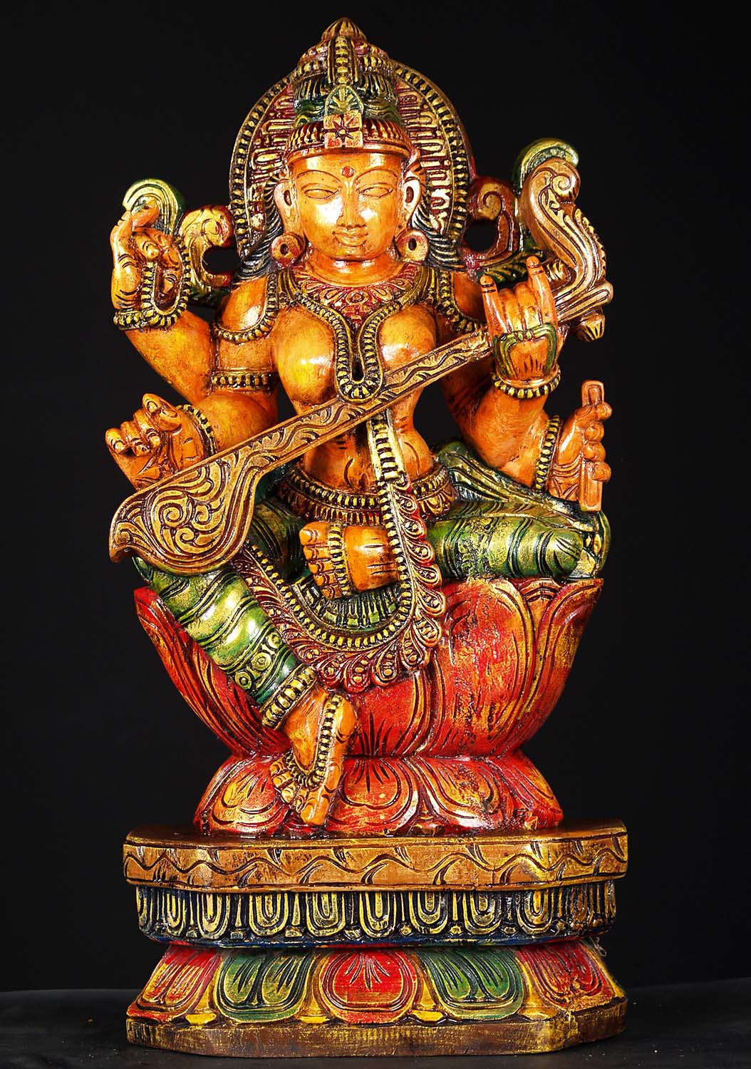 Wood Veena Saraswati Statue 24"