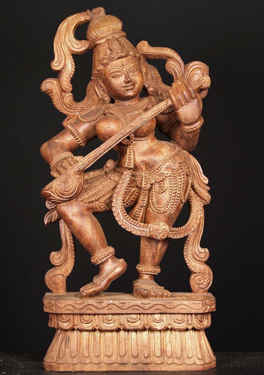 Wood Saraswati Dancing Playing the Veena 24"