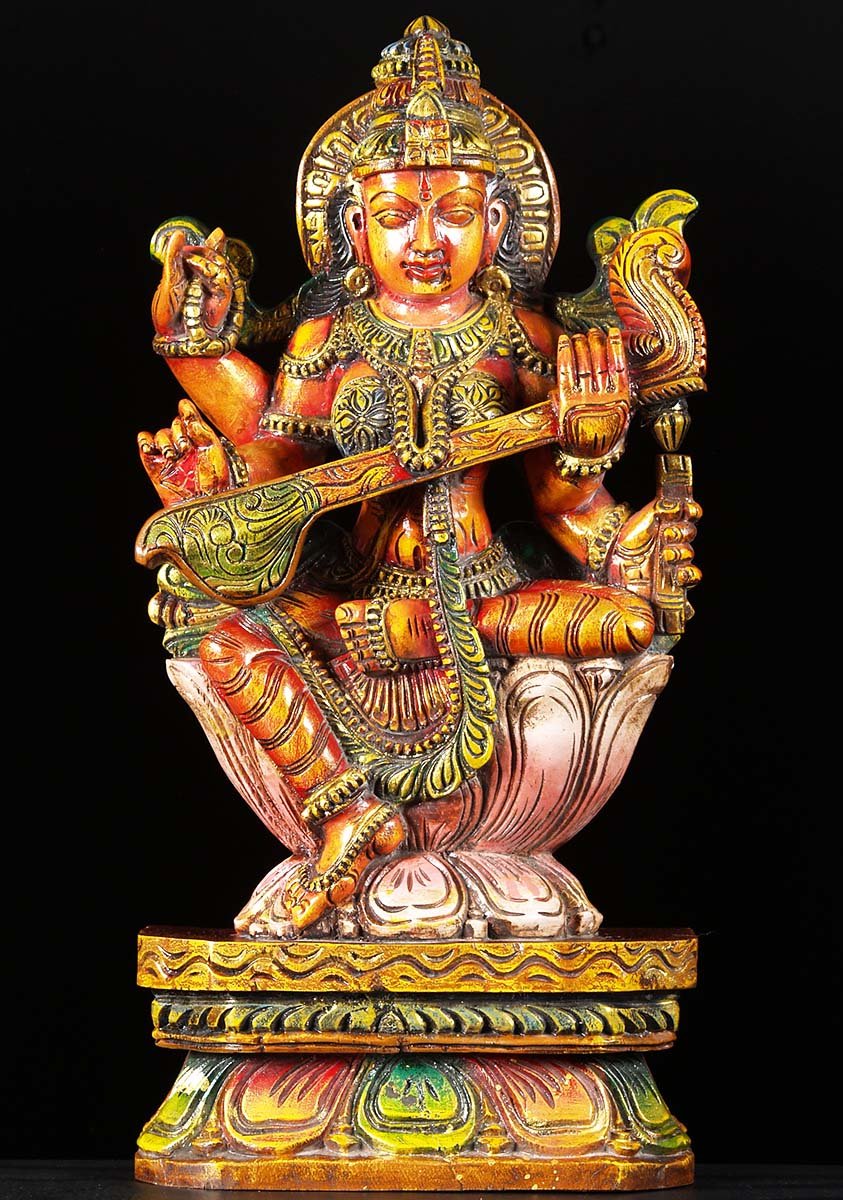 Wooden Saraswati Hindu Statue 24"