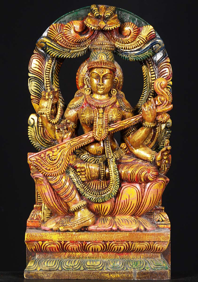 Saraswati Hindu Wood Statue 18"