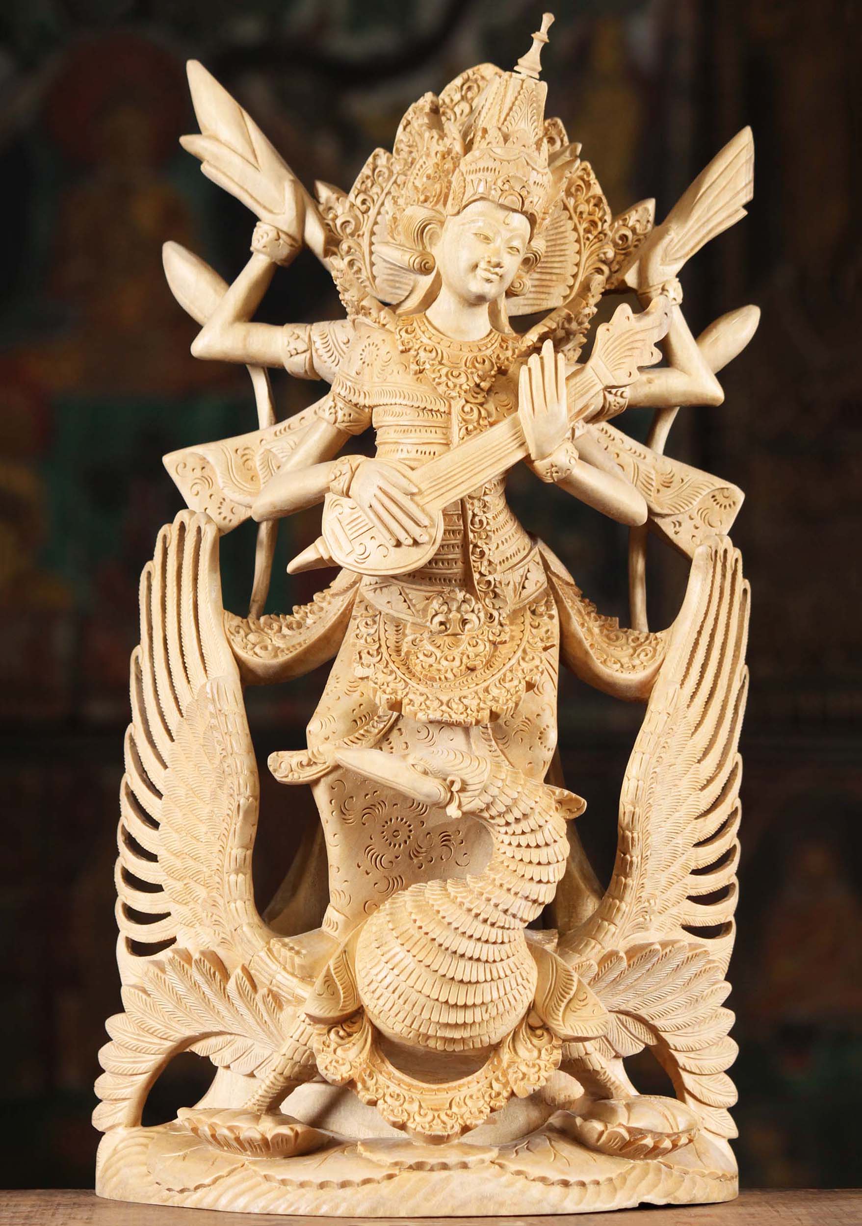 Wood Saraswati Playing Veena Atop Swan 18"