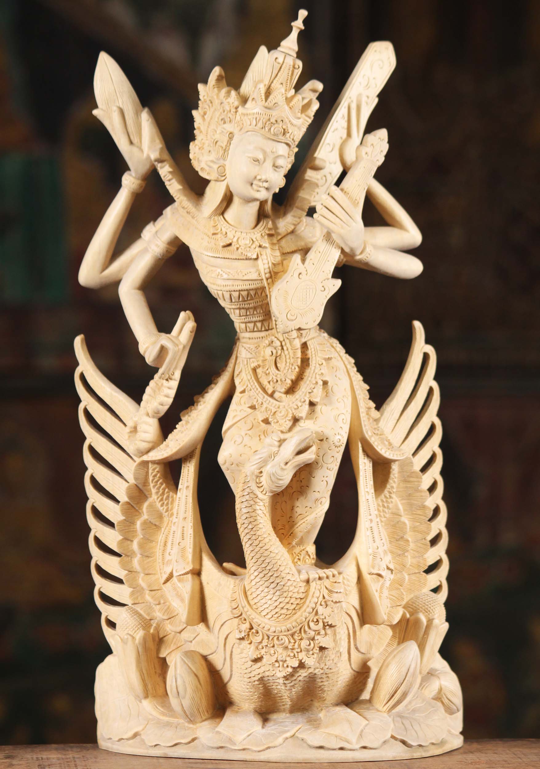 Wood Hindu Goddess Saraswati Statue on Her Vehicle a Swan Hand Carved in Bali 18"