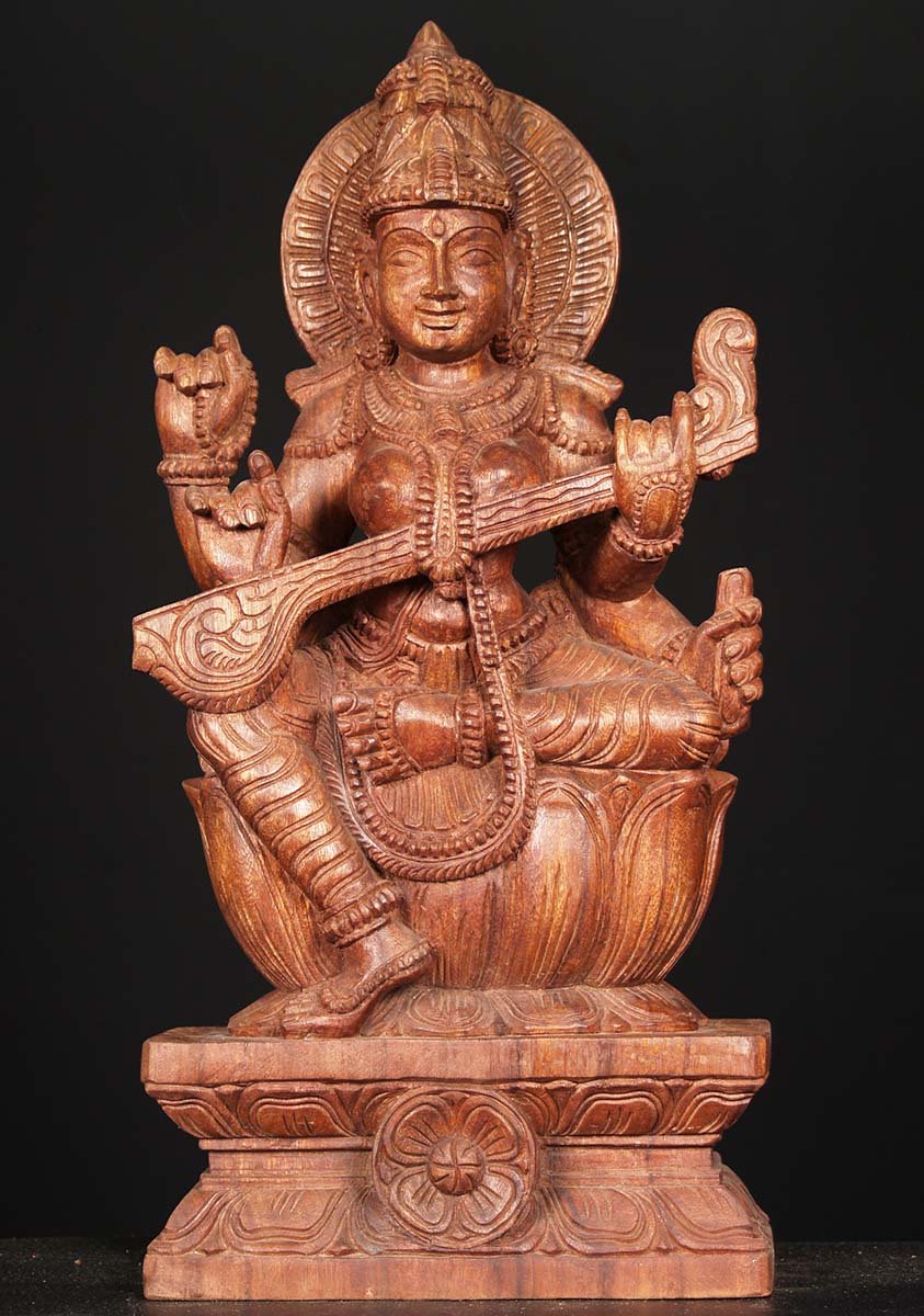 Wood Seated Saraswati Statue Playing Veena 24"