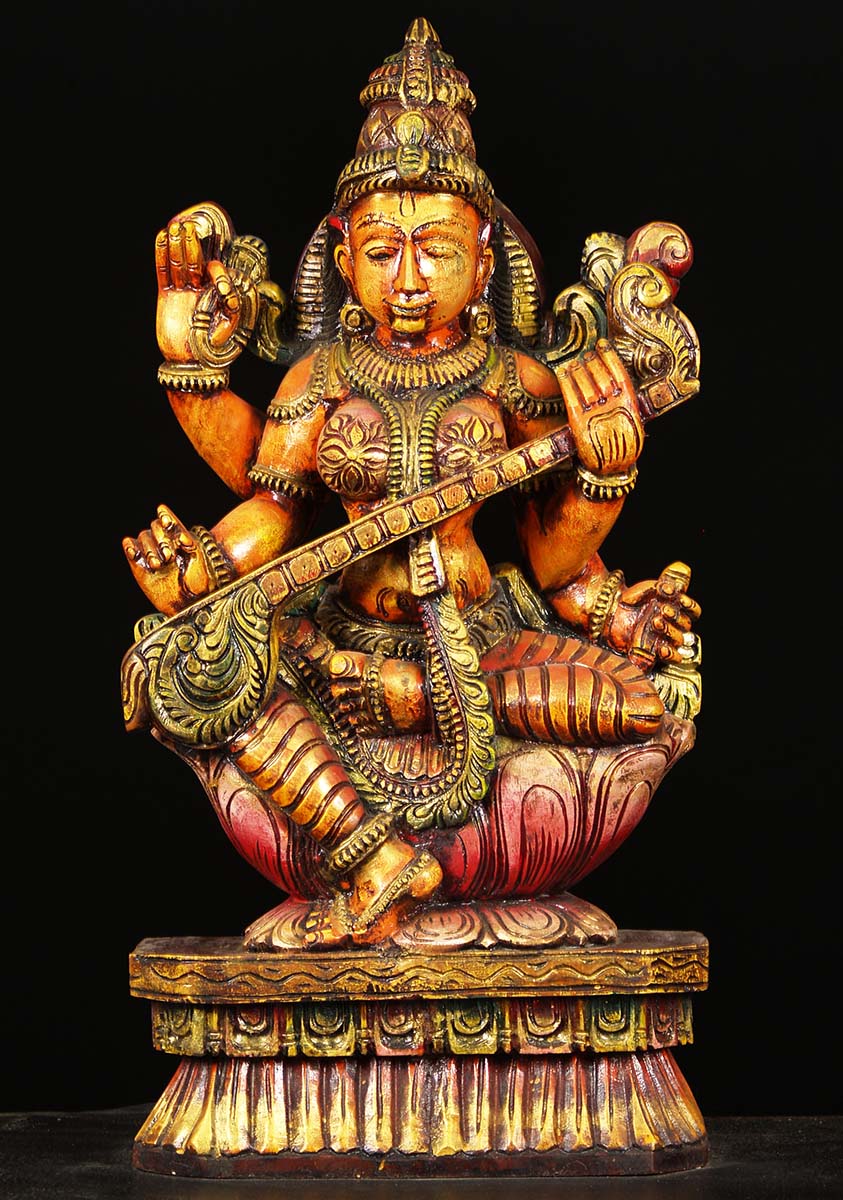 Wooden Saraswati Playing Veena 24"