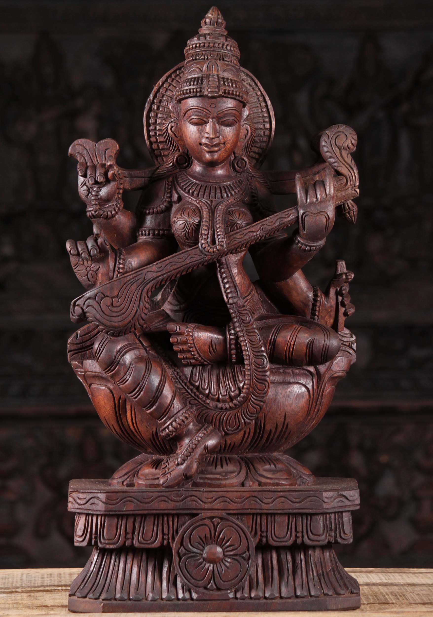 SOLD Wooden Seated Saraswati Sculpture 24" (#94w9aj): Hindu Gods