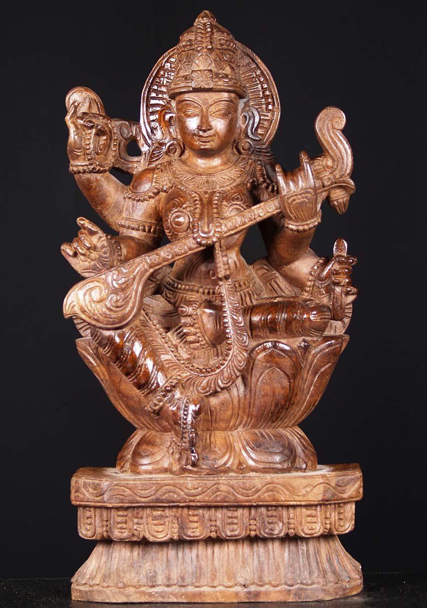 Wood Saraswati Seated Statue 24"