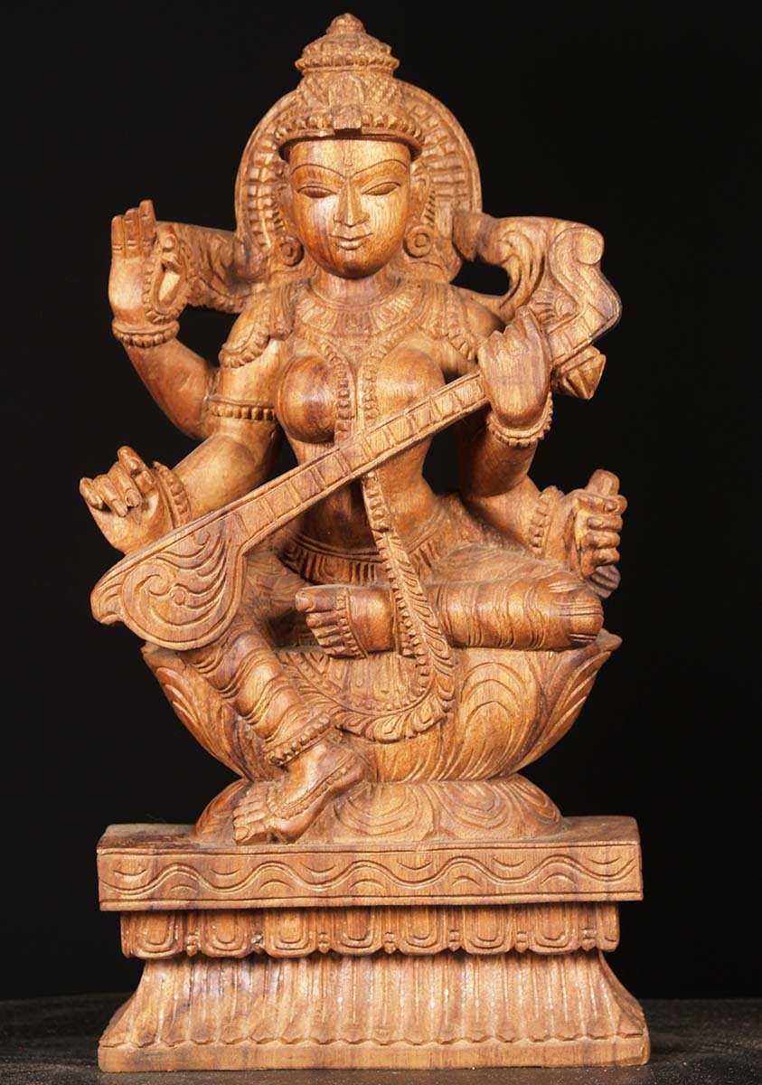 Wooden Saraswati Statue 18"