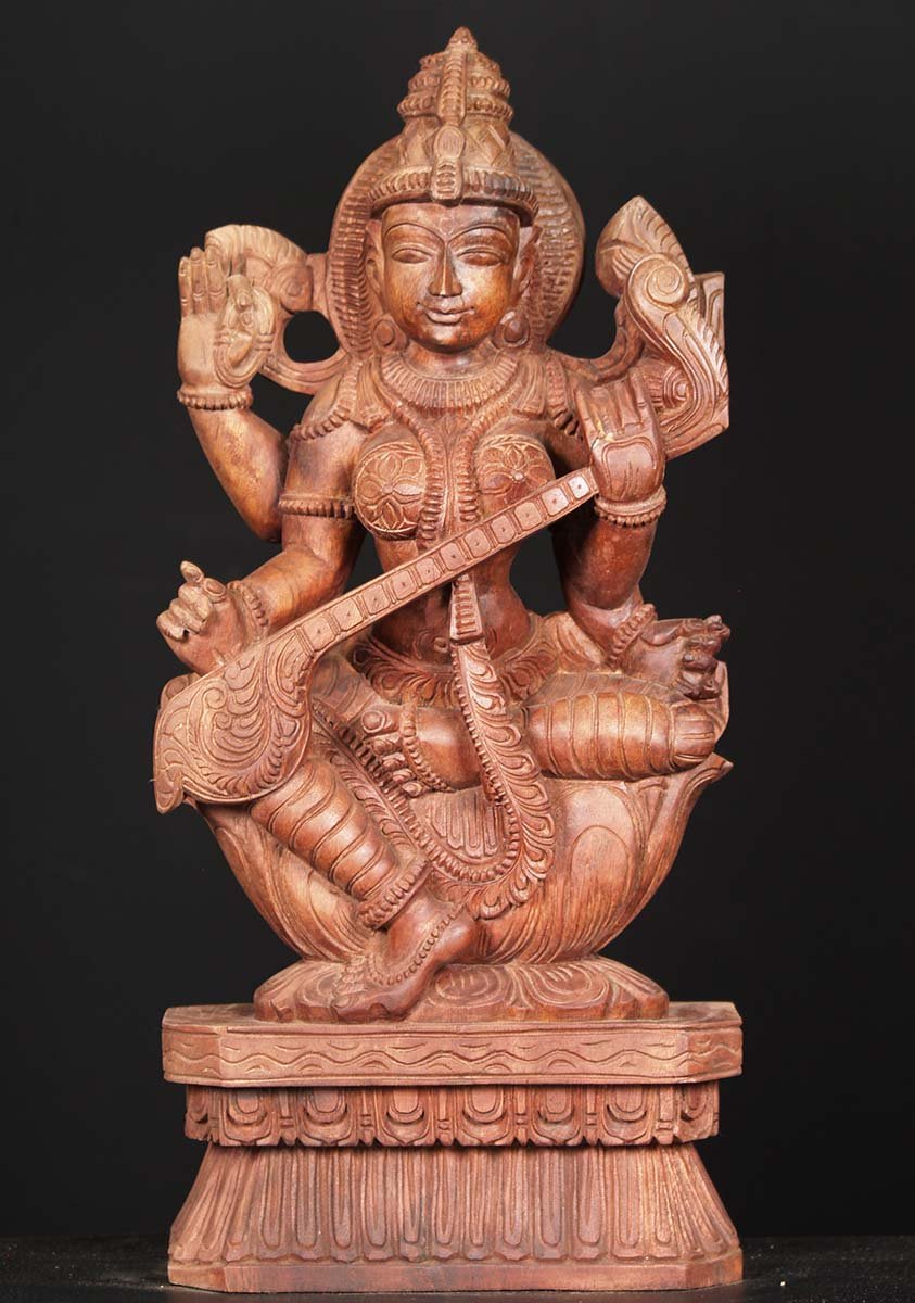 Wooden Saraswati Veena Carving 24"