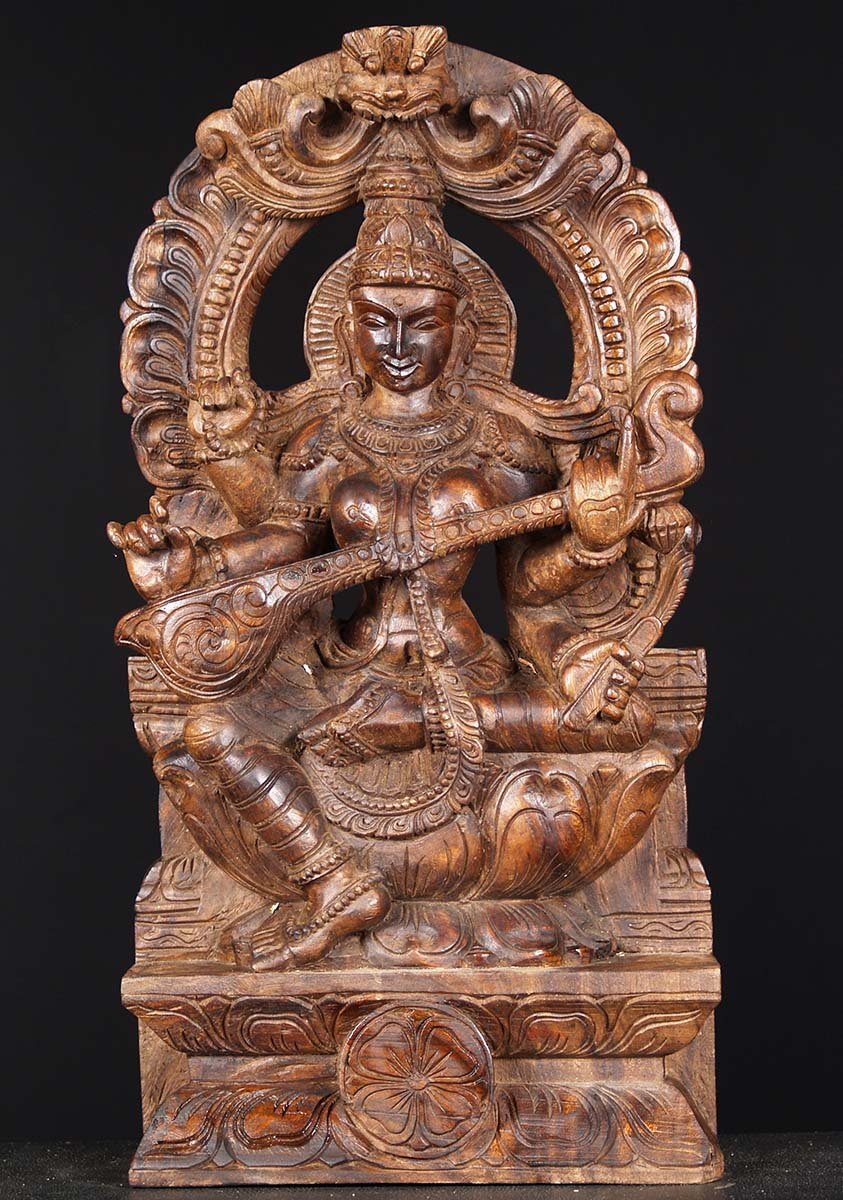 Wood Veena Saraswati Statue with Arch 24"