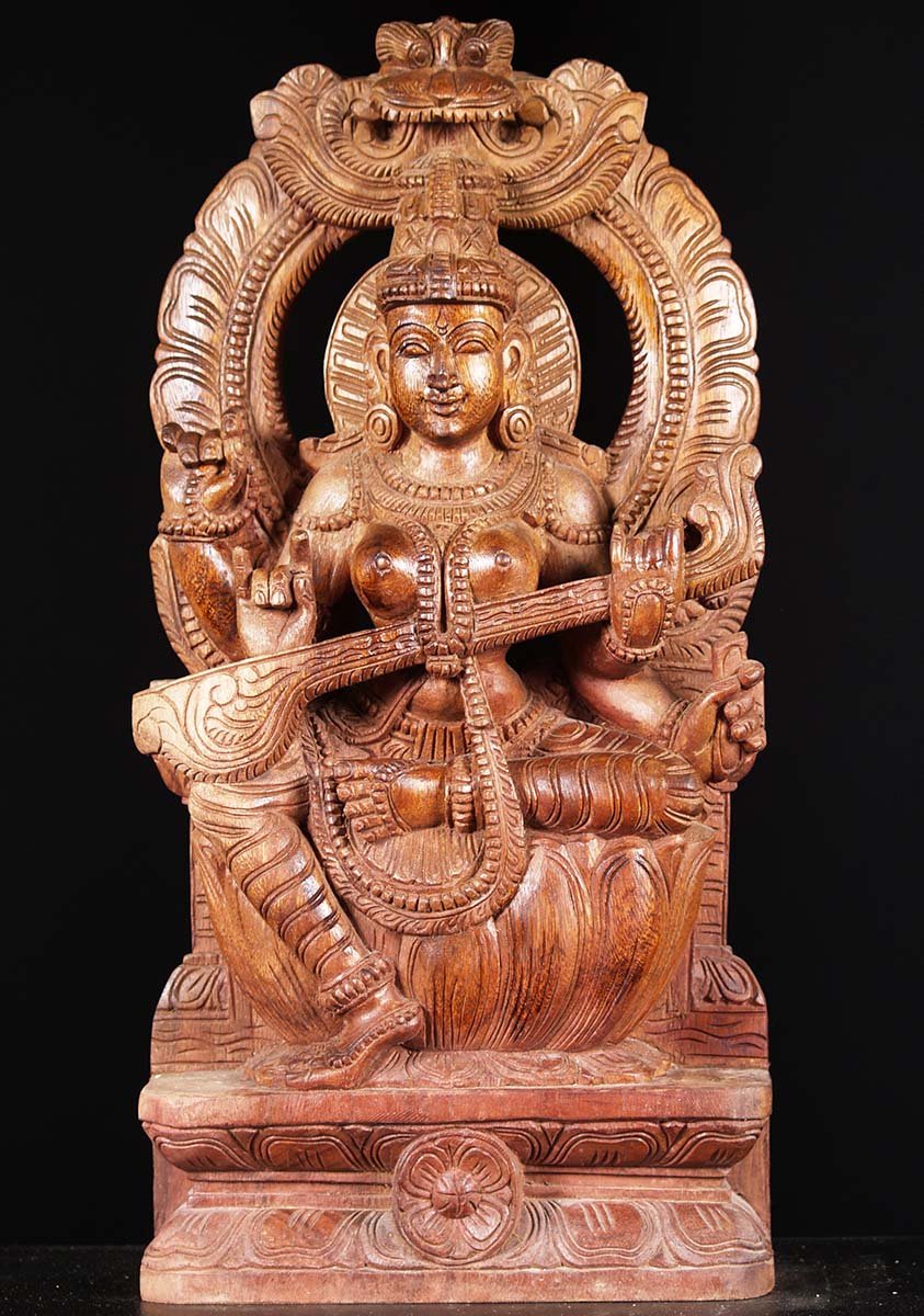 Saraswati With Arch Wood Statue 24"