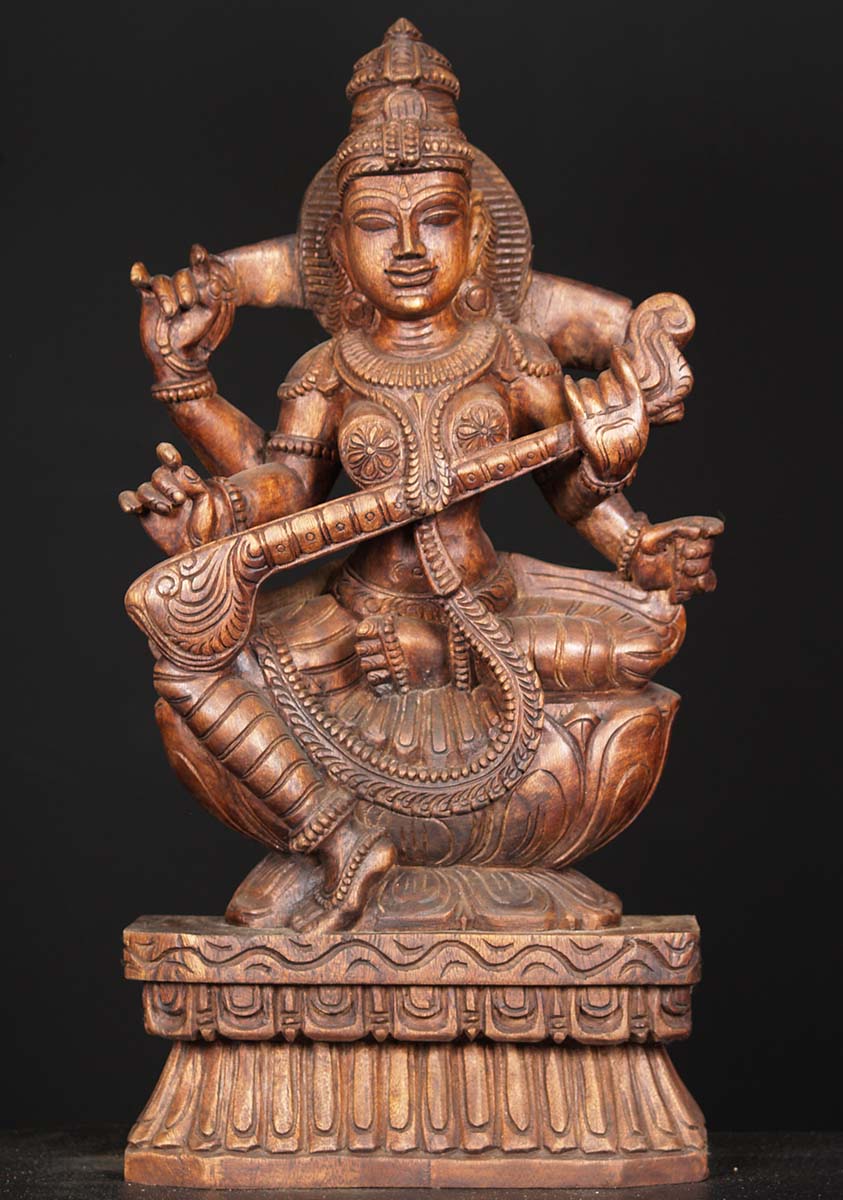 Wooden Saraswati Playing the Veena 24"