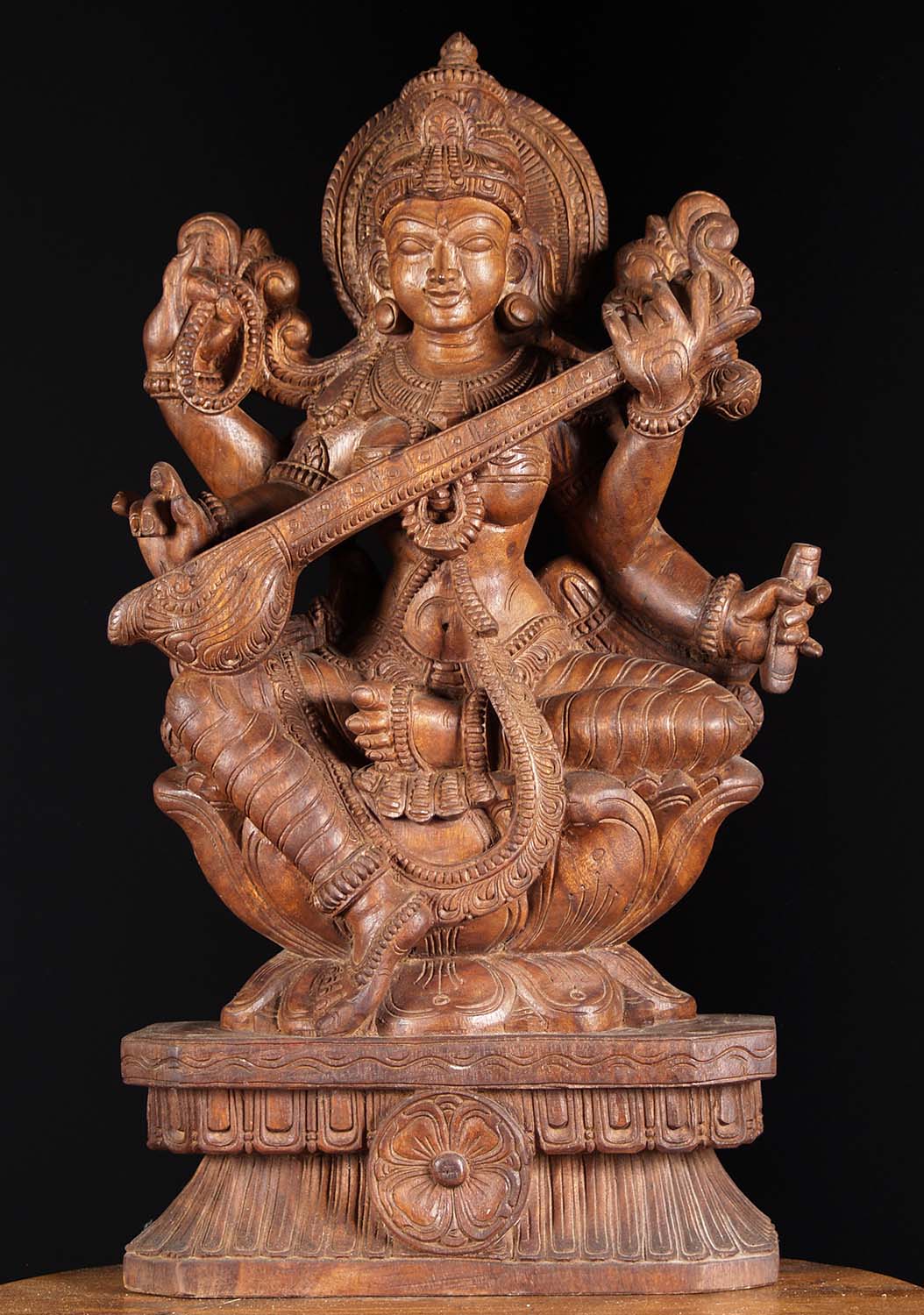 Wooden Saraswati Sculpture 30"