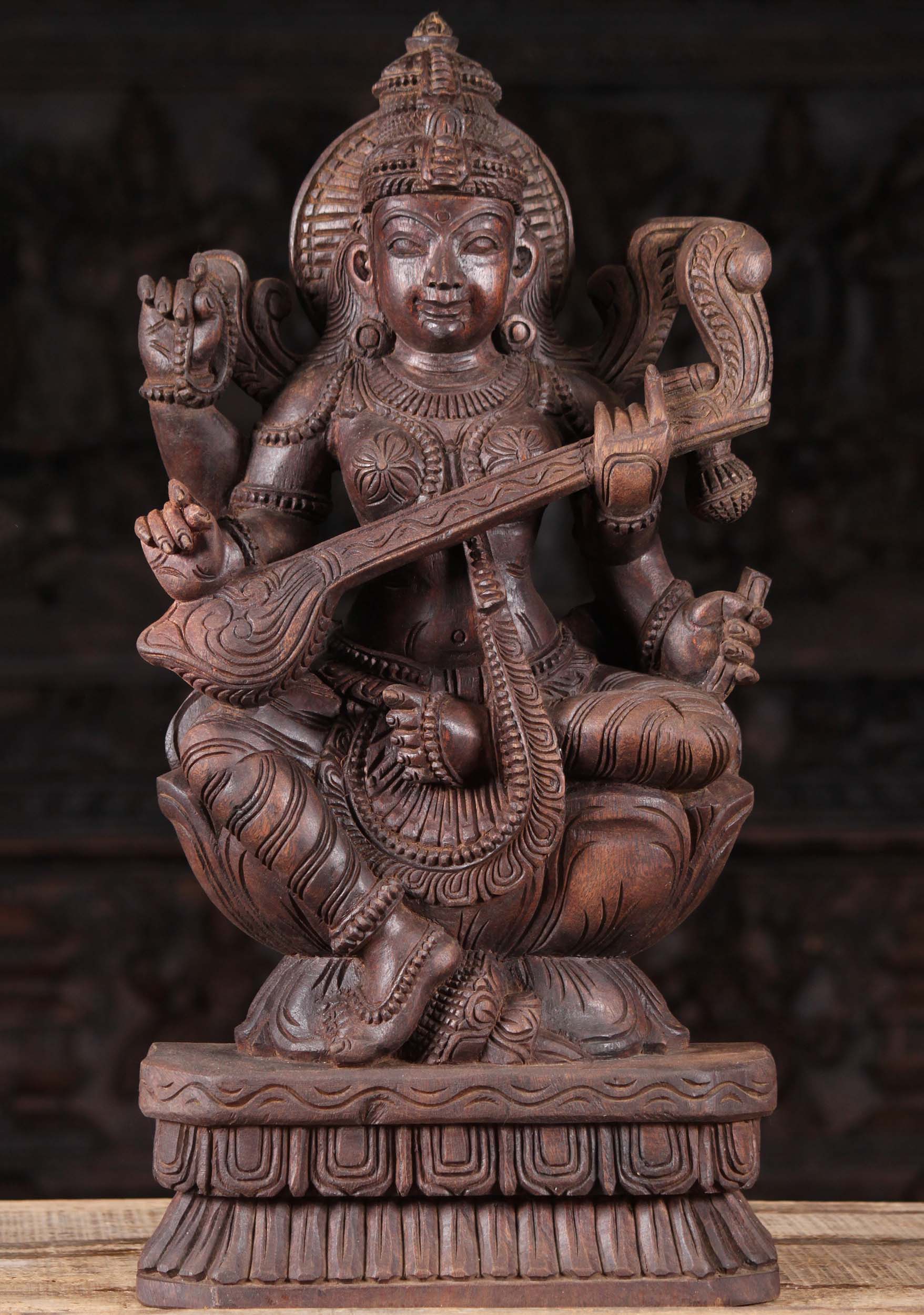 Wooden Saraswati Playing the Veena Carving 24"