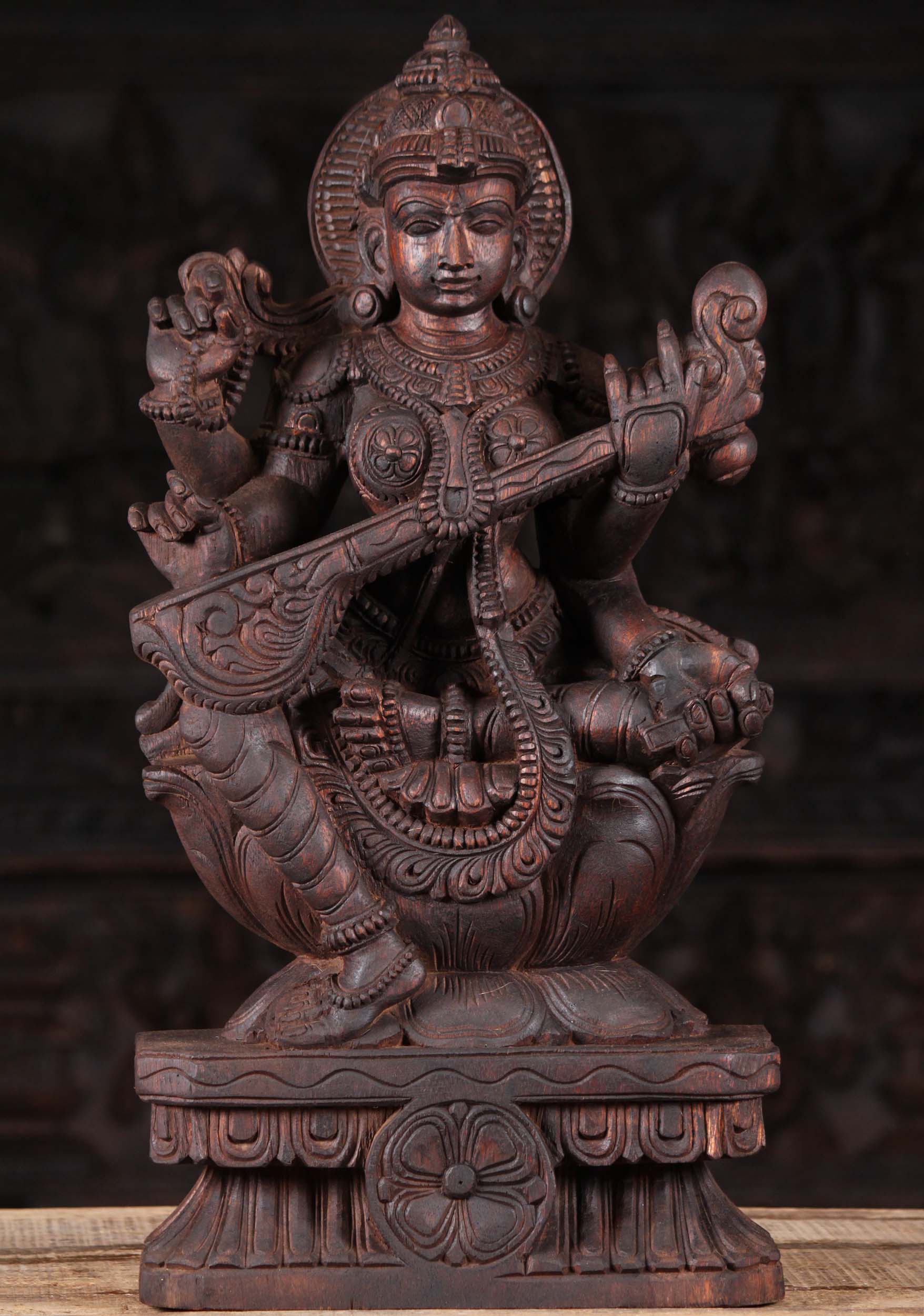 Wooden Saraswati Statue Playing Veena 24"