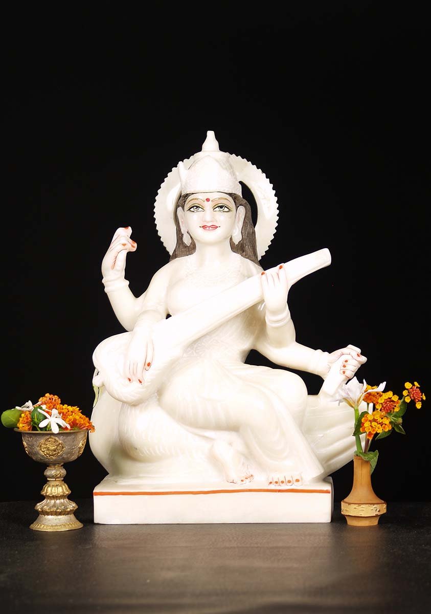 White Marble Saraswati Seated on Swan 18"