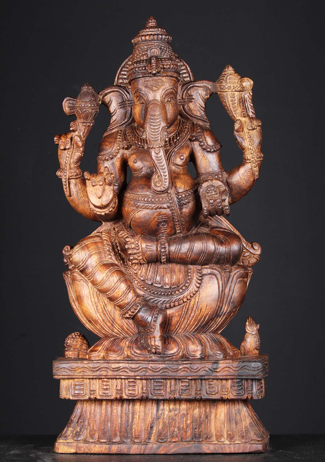 Wooden Ganesh Sculpture with Rat 24"