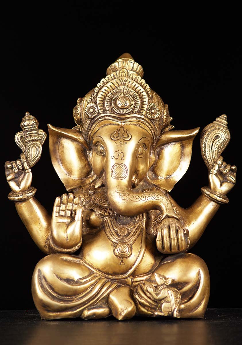 Ganapathi Murthi Brass Seated in Abhaya Mudra with OM Sign & Trident on His Trunk 12"