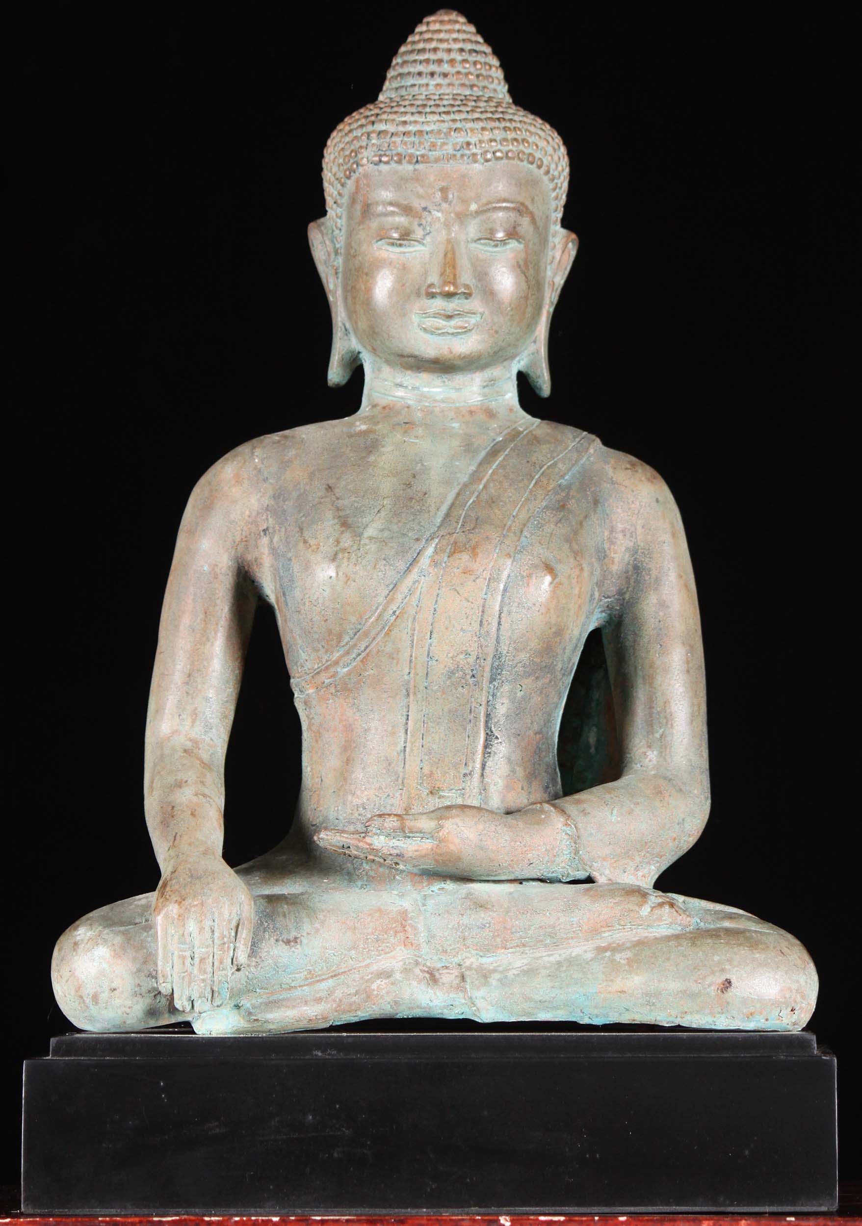 Brass Seated Earth Touching Buddha Statue  with Antique Patina on Black Wooden Base 18"