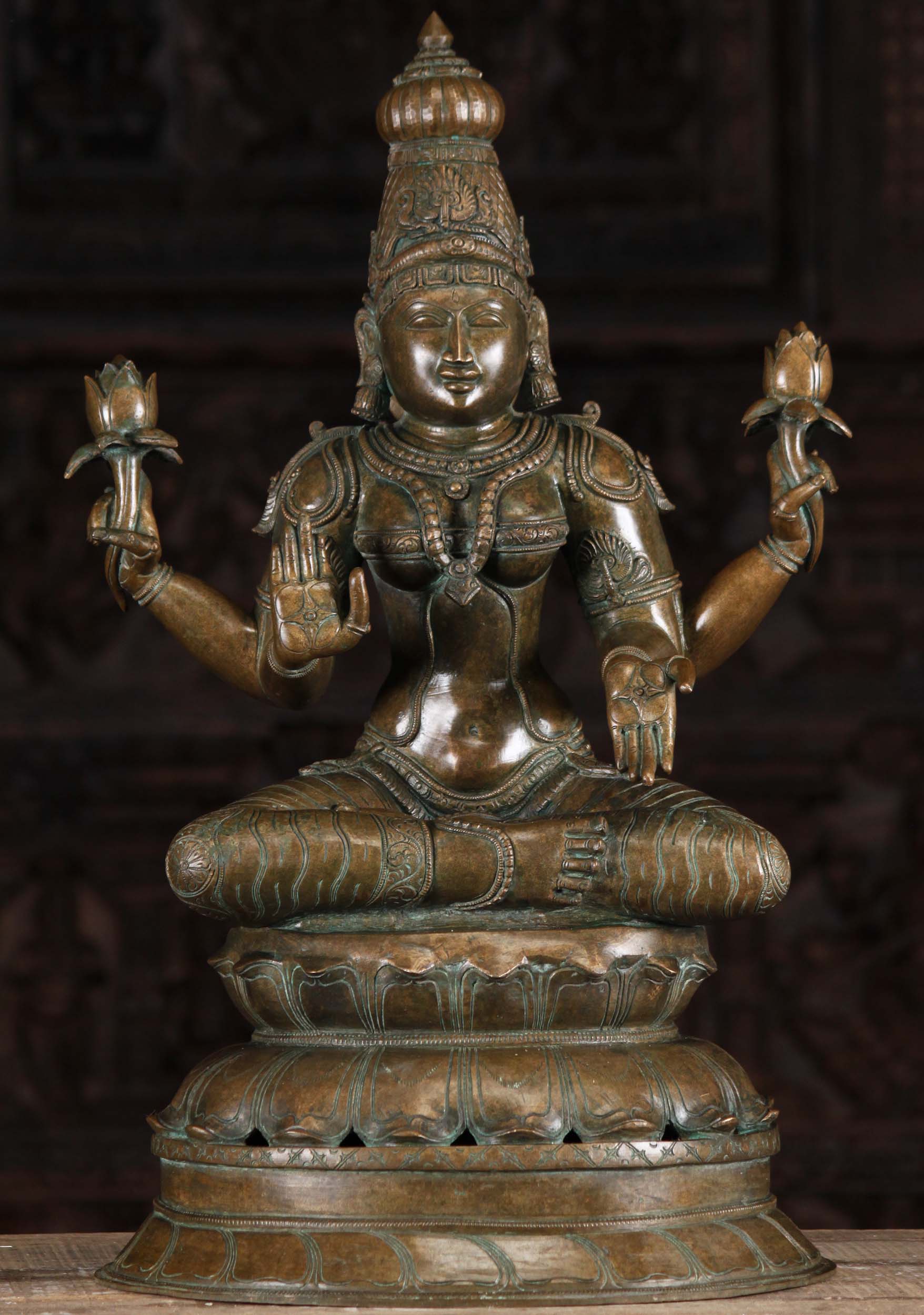 SOLD Bronze Lakshmi Statue Holding Lotus Flowers B Hindu Gods Buddha Statues