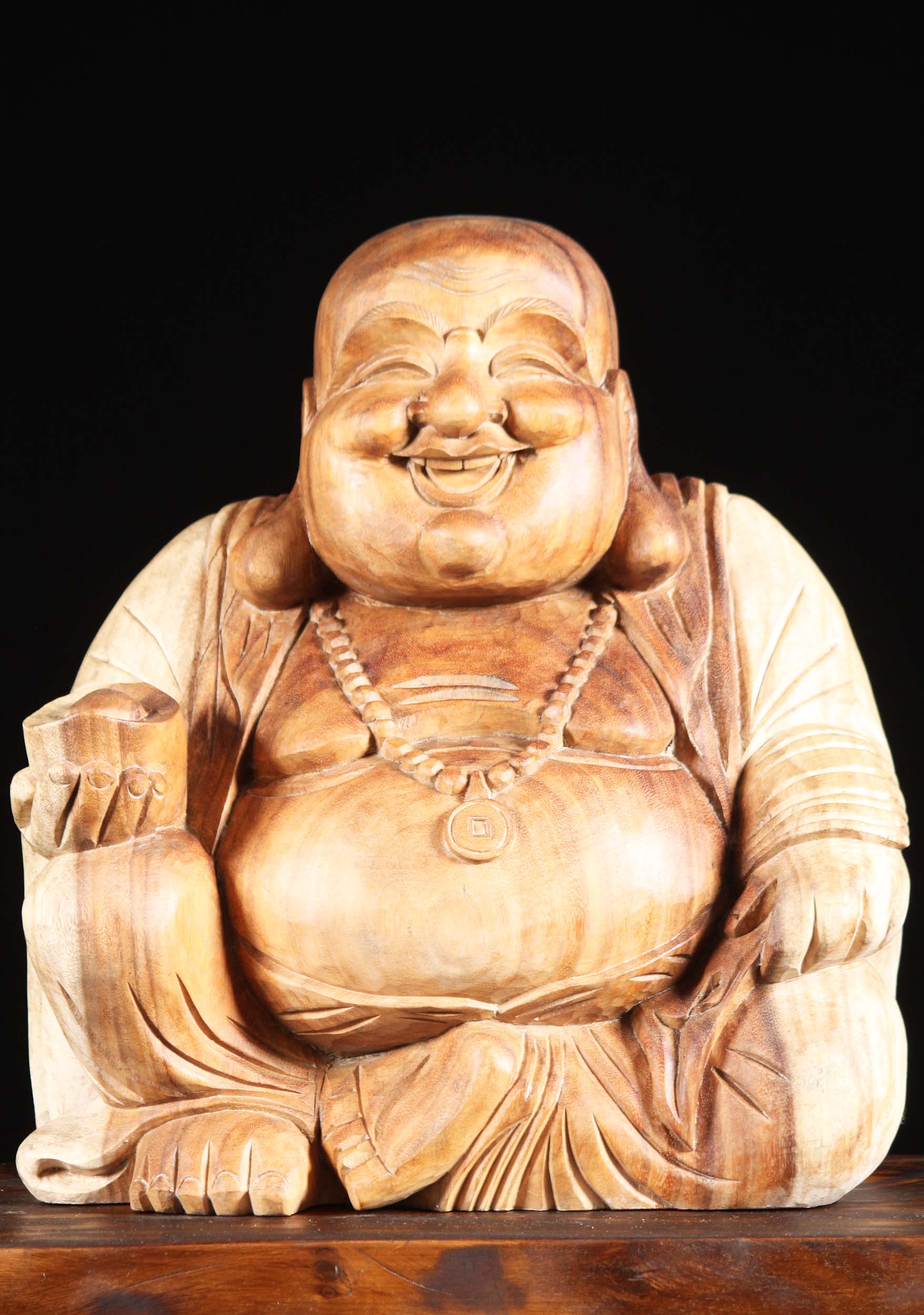 Wooden Fat & Happy Buddha of Wealth Statue 20