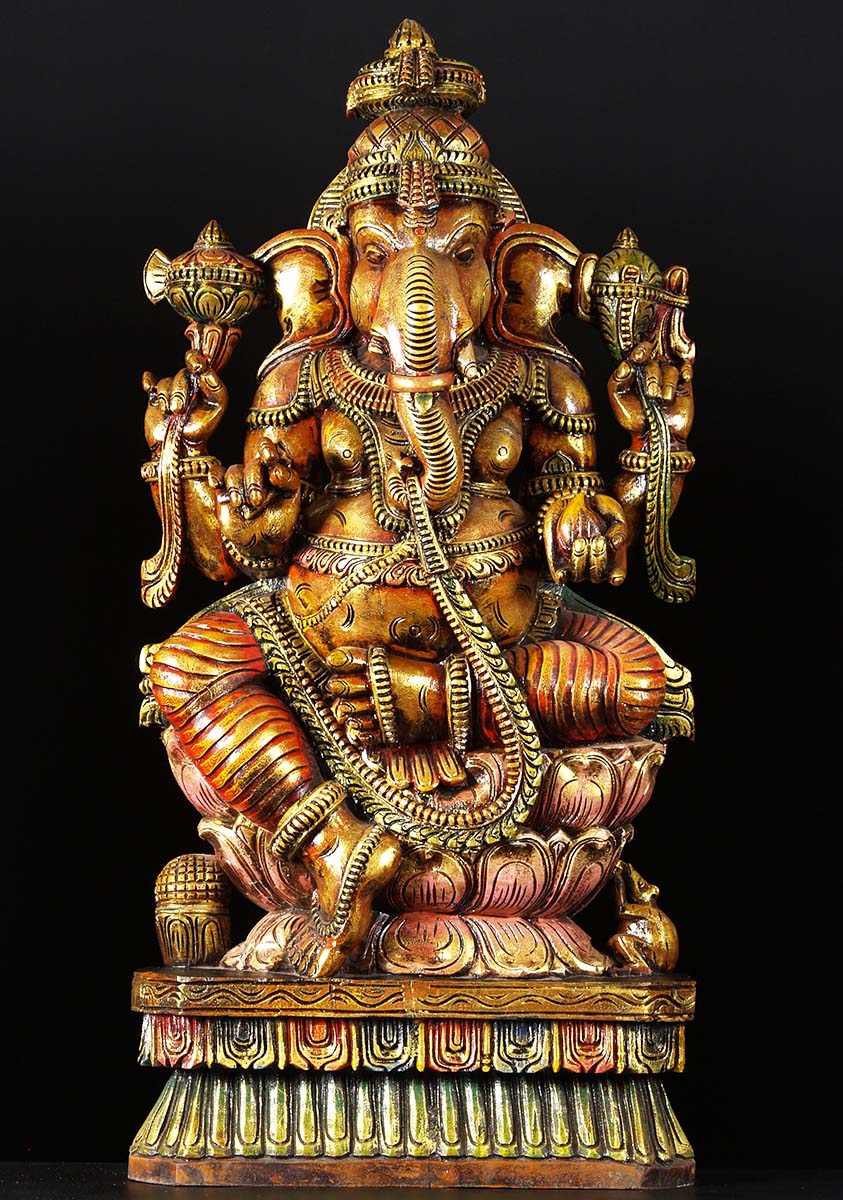 SOLD Seated Ganapathi Wooden Carving 36"