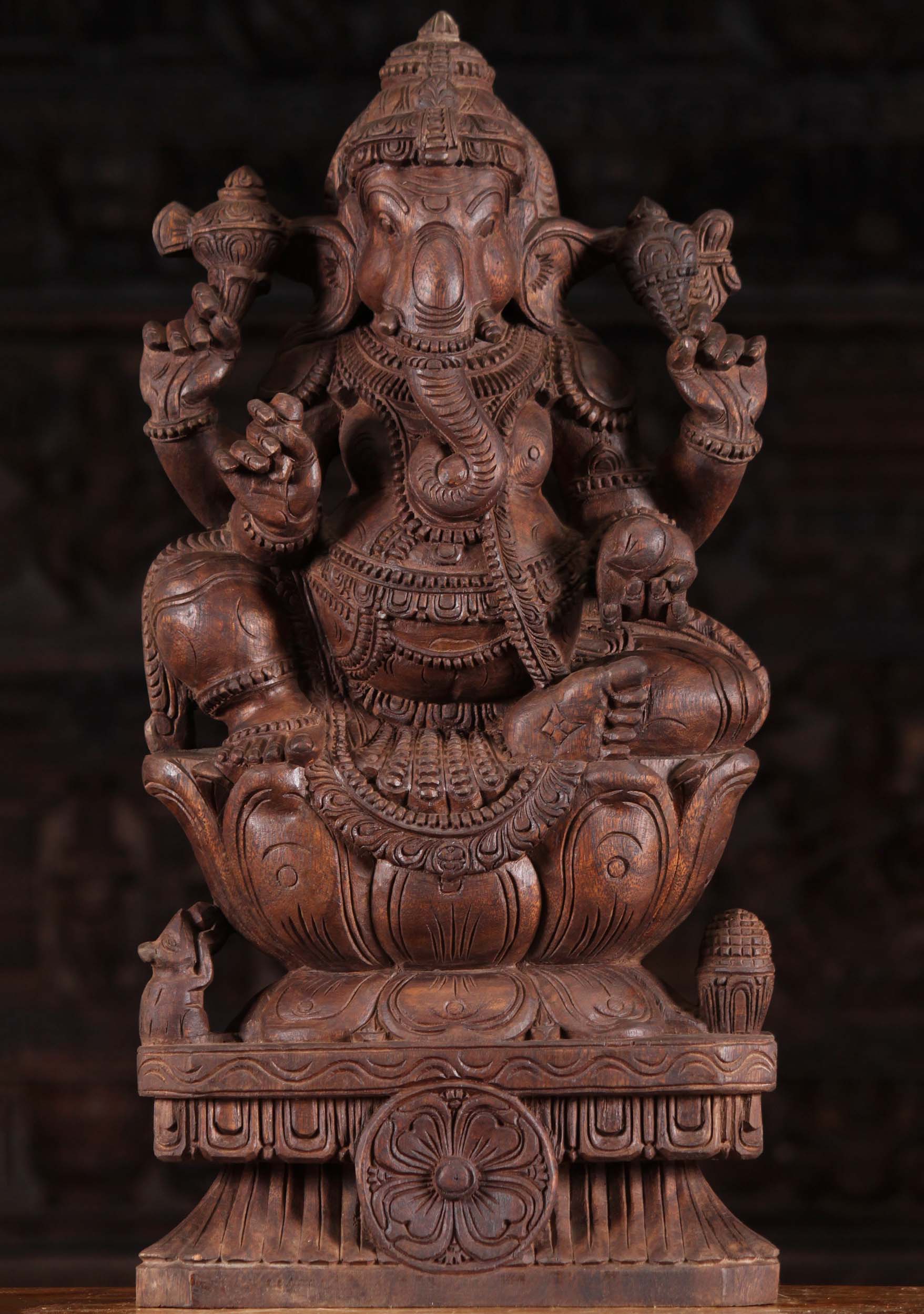 Wooden Seated Ganesh Sculpture 24"