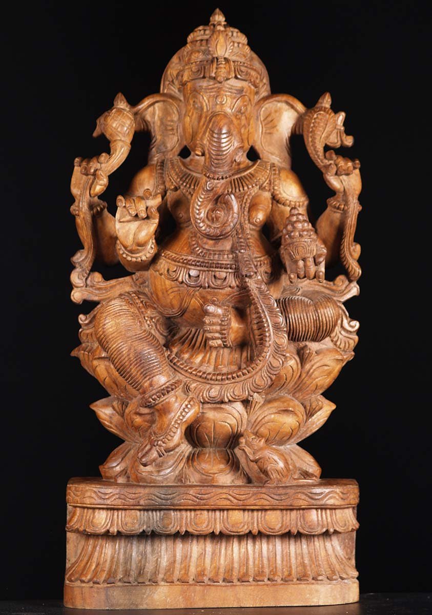 Wood Seated Ganesh Statue on Double Lotus 30"