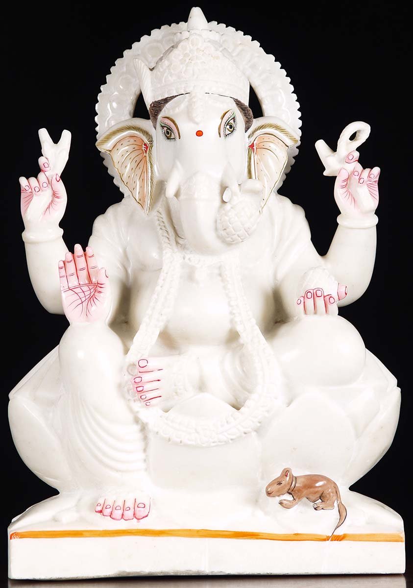 Seated White Marble Ganesha Statue 23"