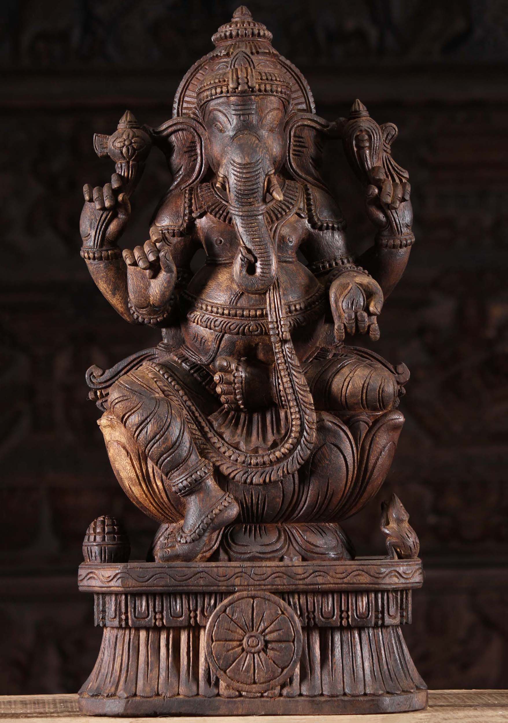 Wooden Seated Ganesha Sculpture 24"