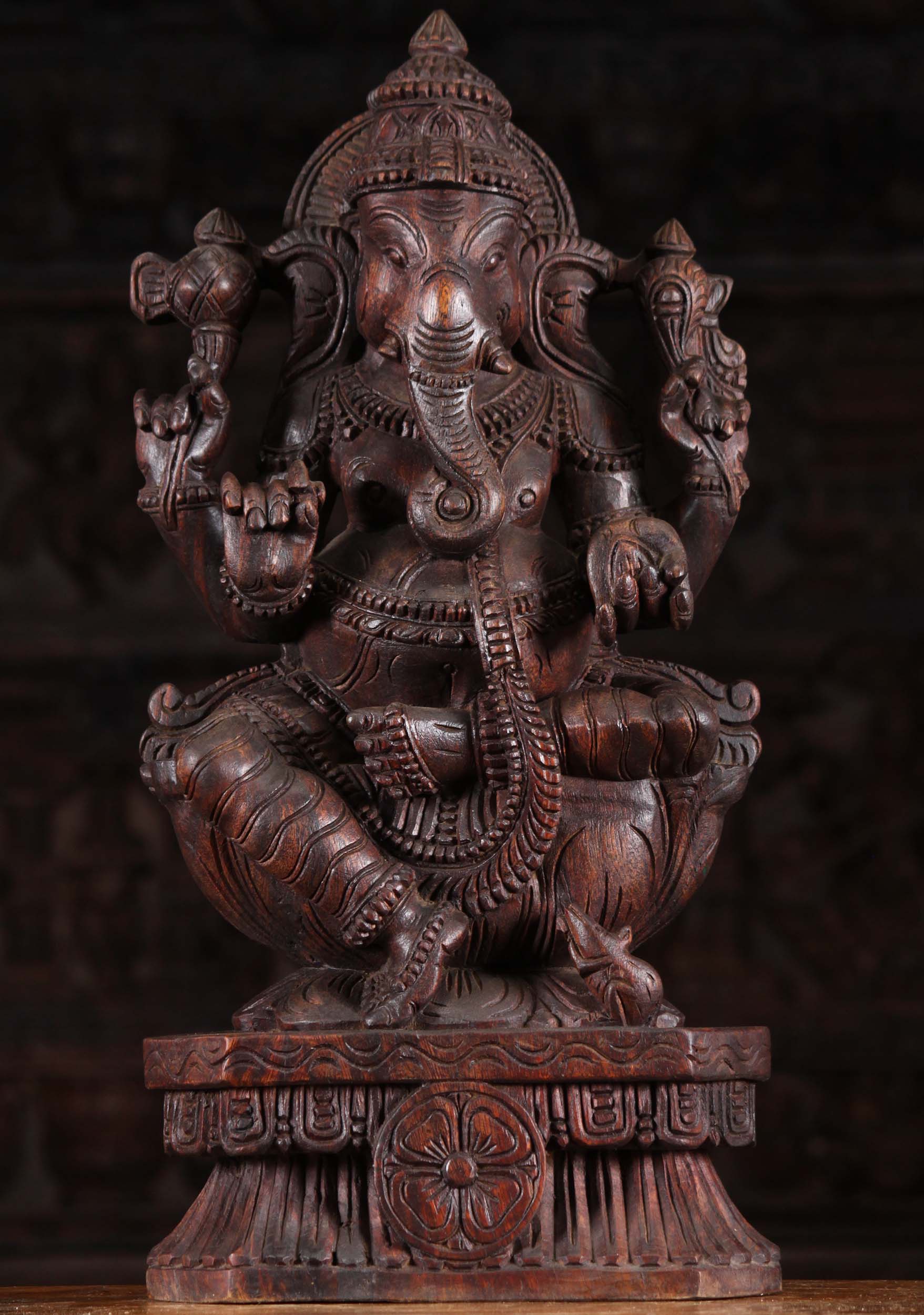 Wood Seated Ganesha Statue with Mooshika 24"