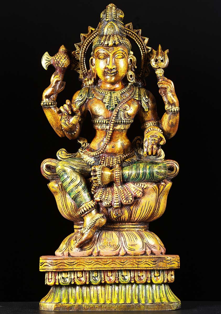 Hand Carved in South India Wooden Seated Shiva Statue Holding Trident & Axe 26"