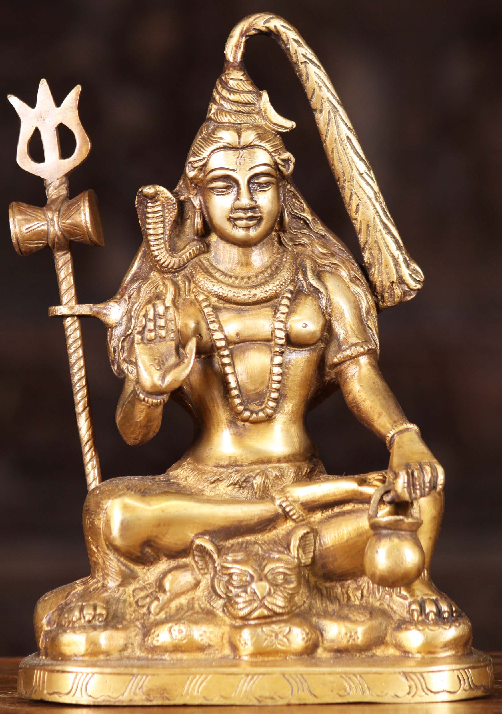 Brass Shiva Statue Seated on Tiger Skin Rug Holding Trident with Ganges Flowing in Hair 9"