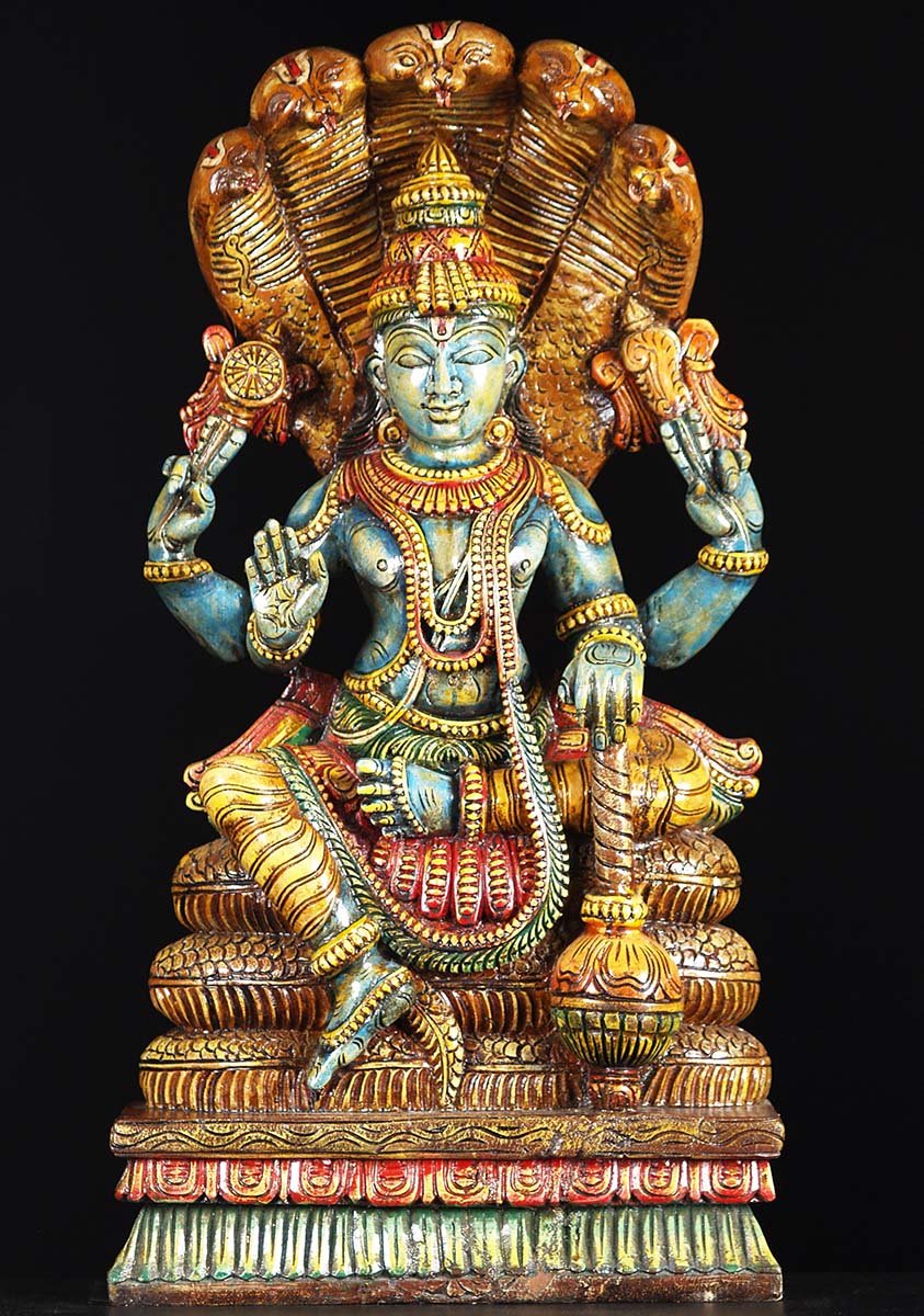 Wooden Vishnu Seated on 5 Headed Serpent 30"