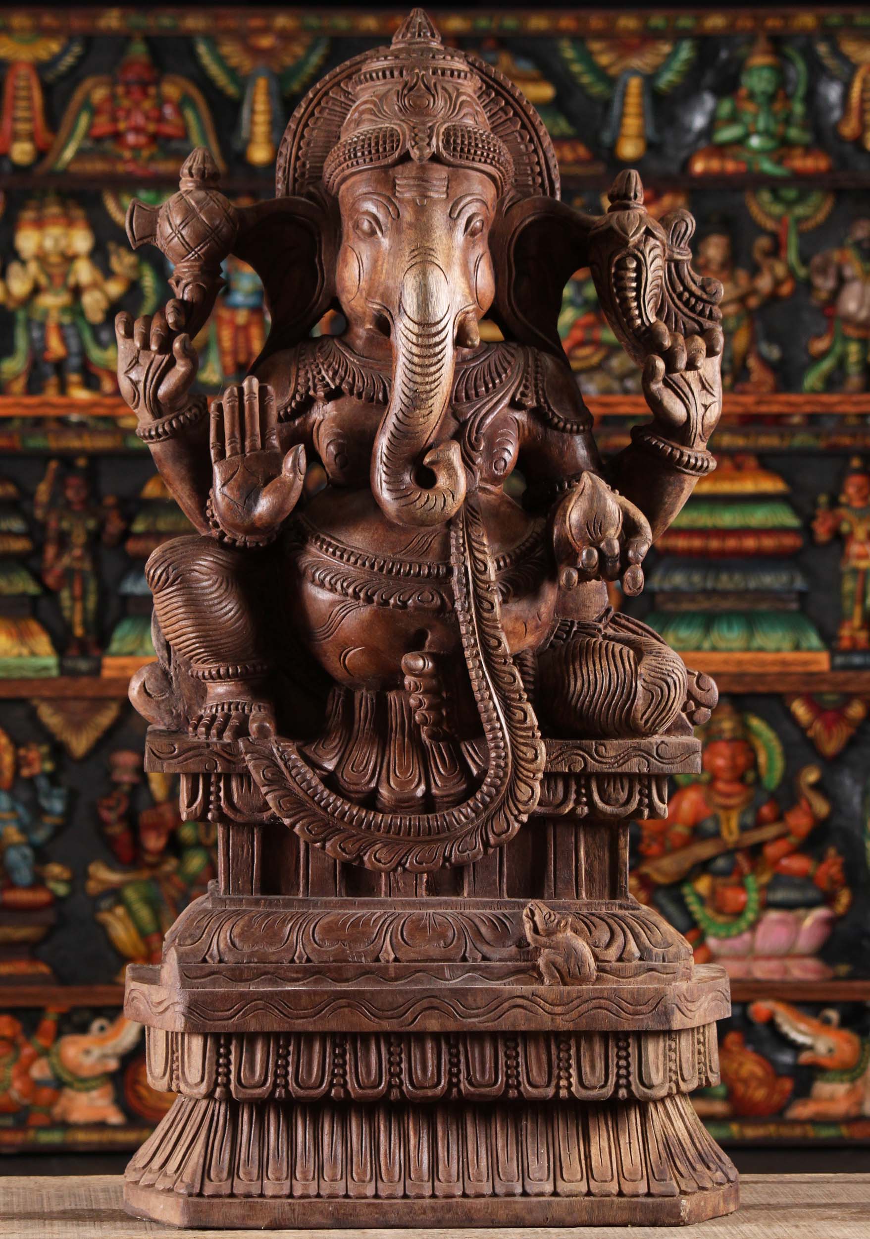 Wooden Seated Abhaya Ganesh Statue 36"