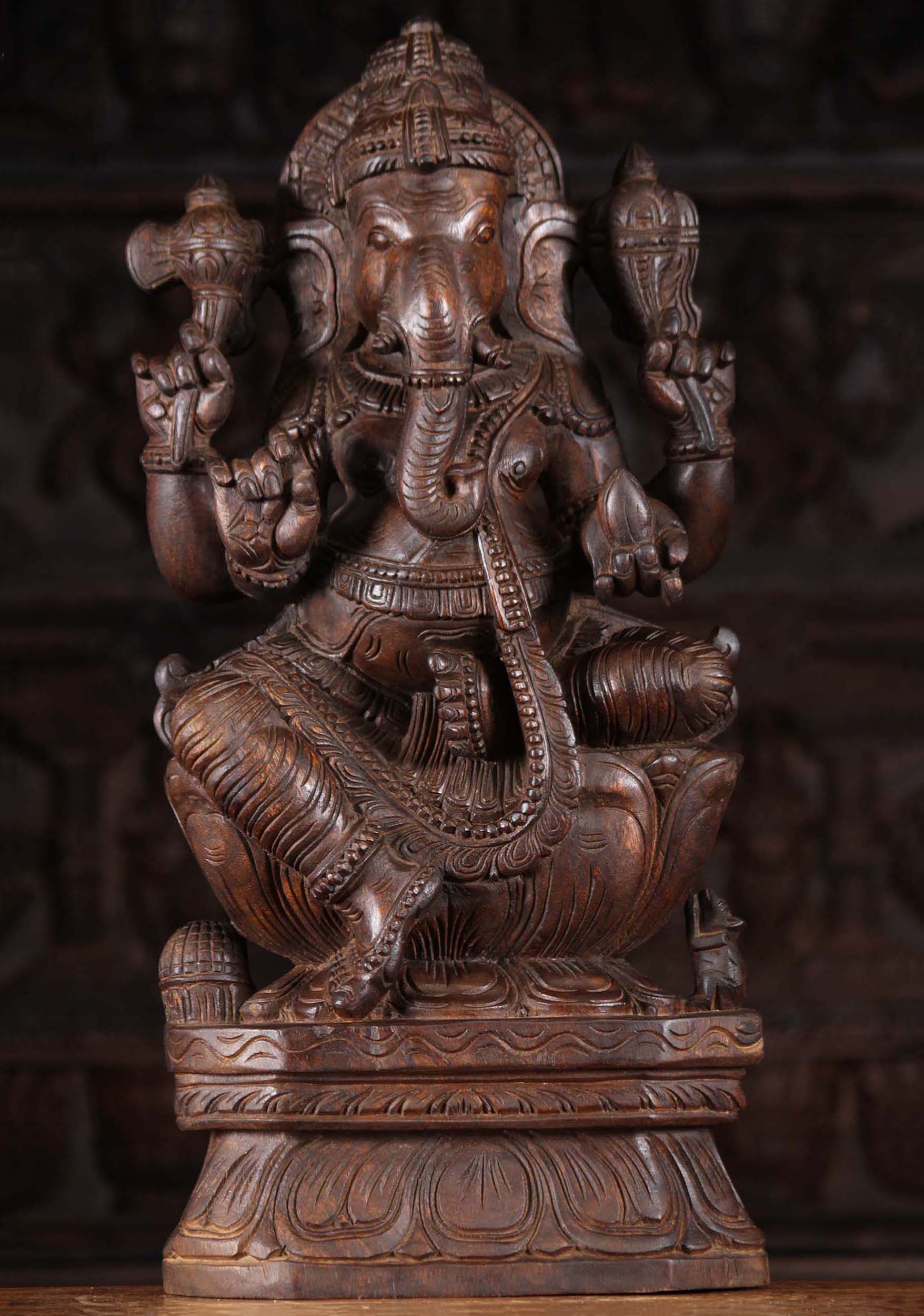 Wood Ganesh Seated in Lalitasana Carving 24"