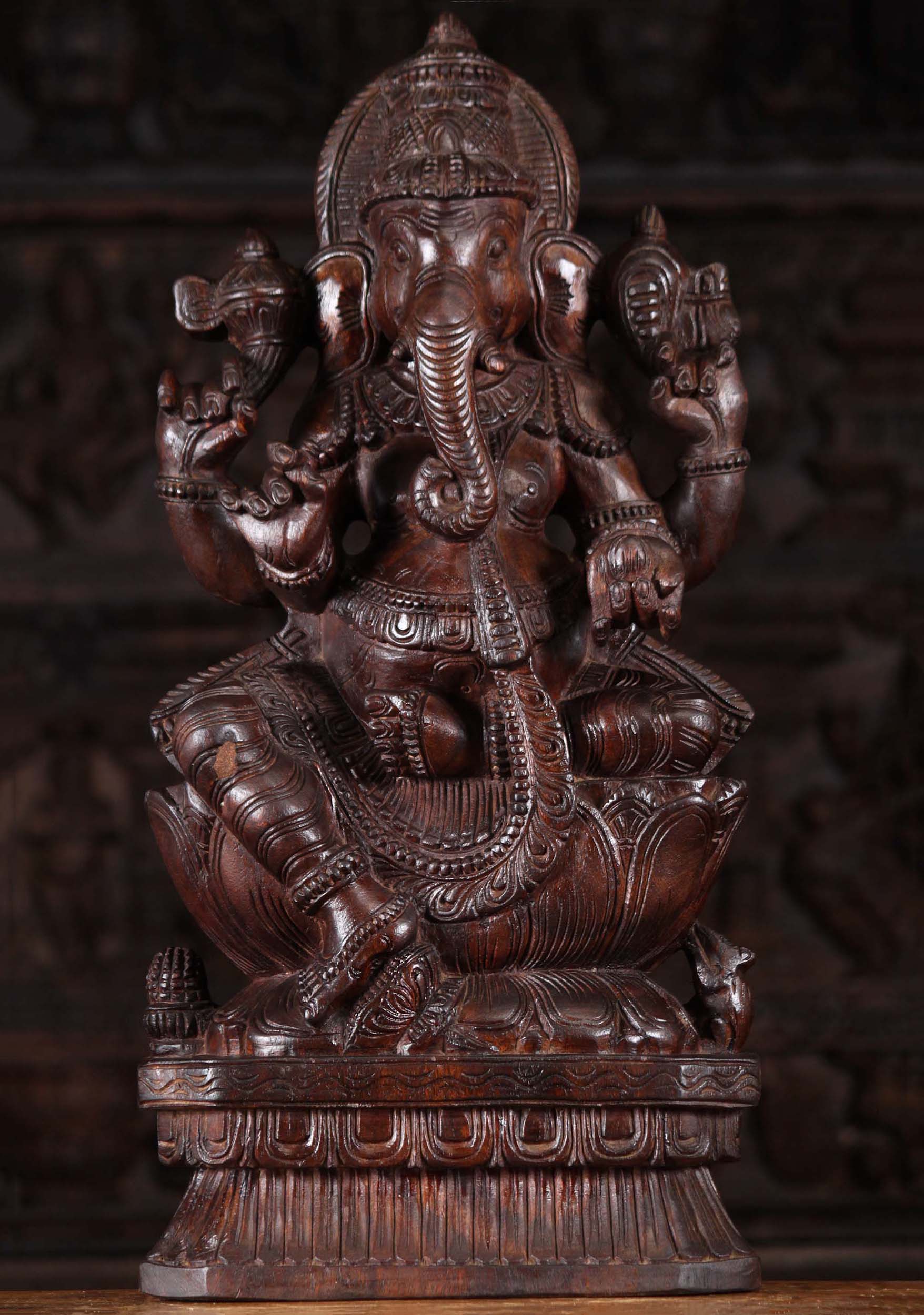 Wood Seated Lalitasana Ganesh Figure 24"