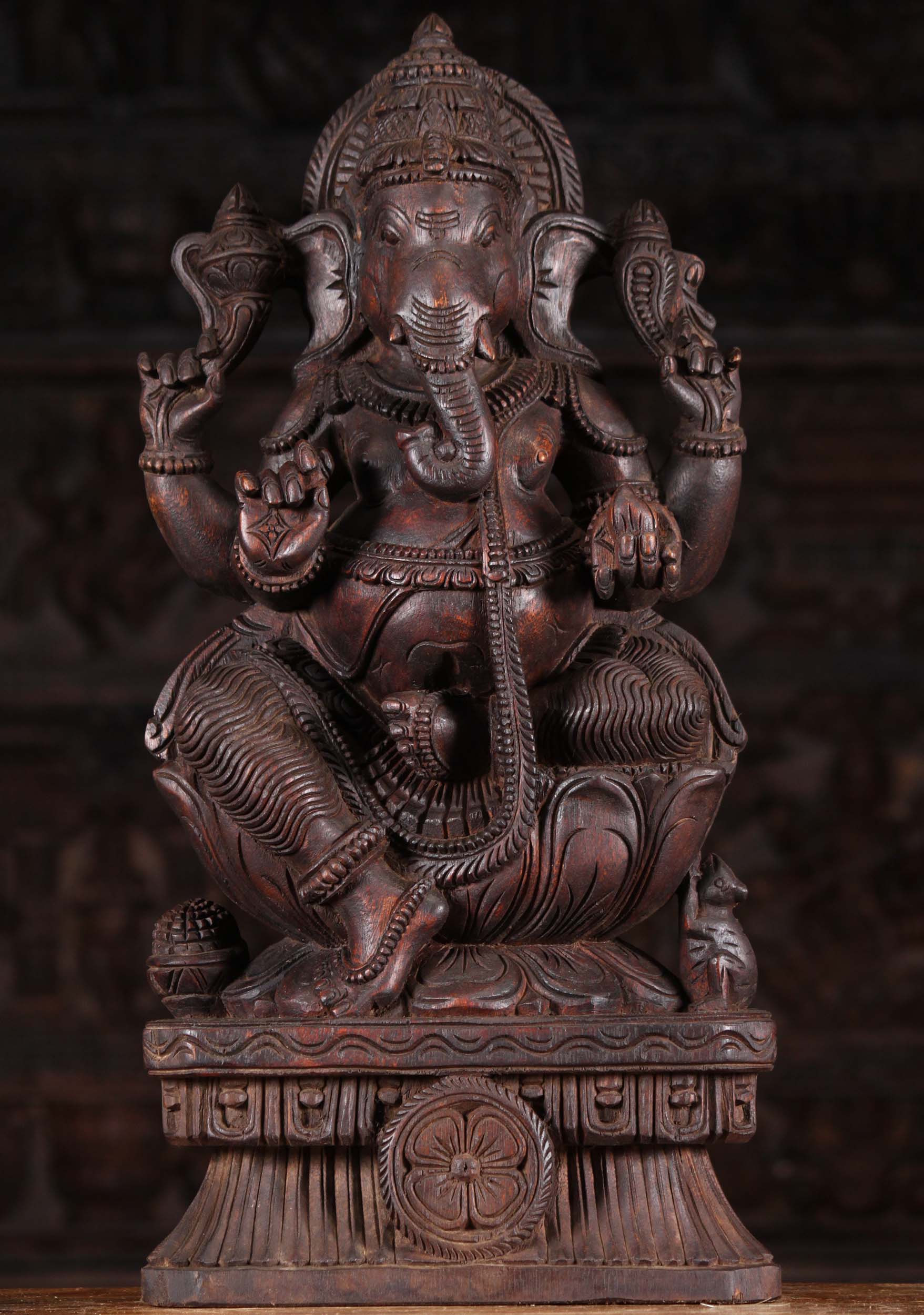 Wood Seated Ganesh Statue Holding Mango 24"