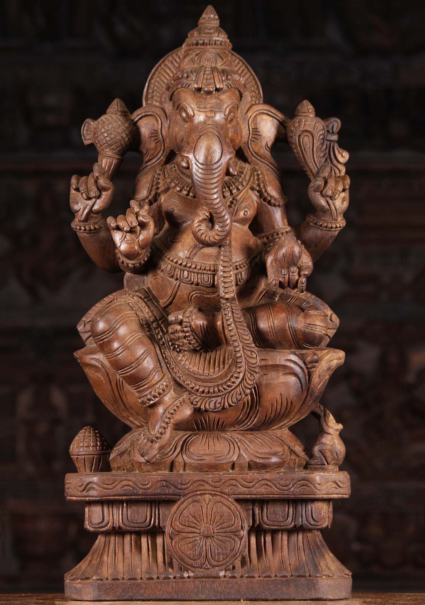 Seated Wood Ganesh with Right Facing Trunk  24"