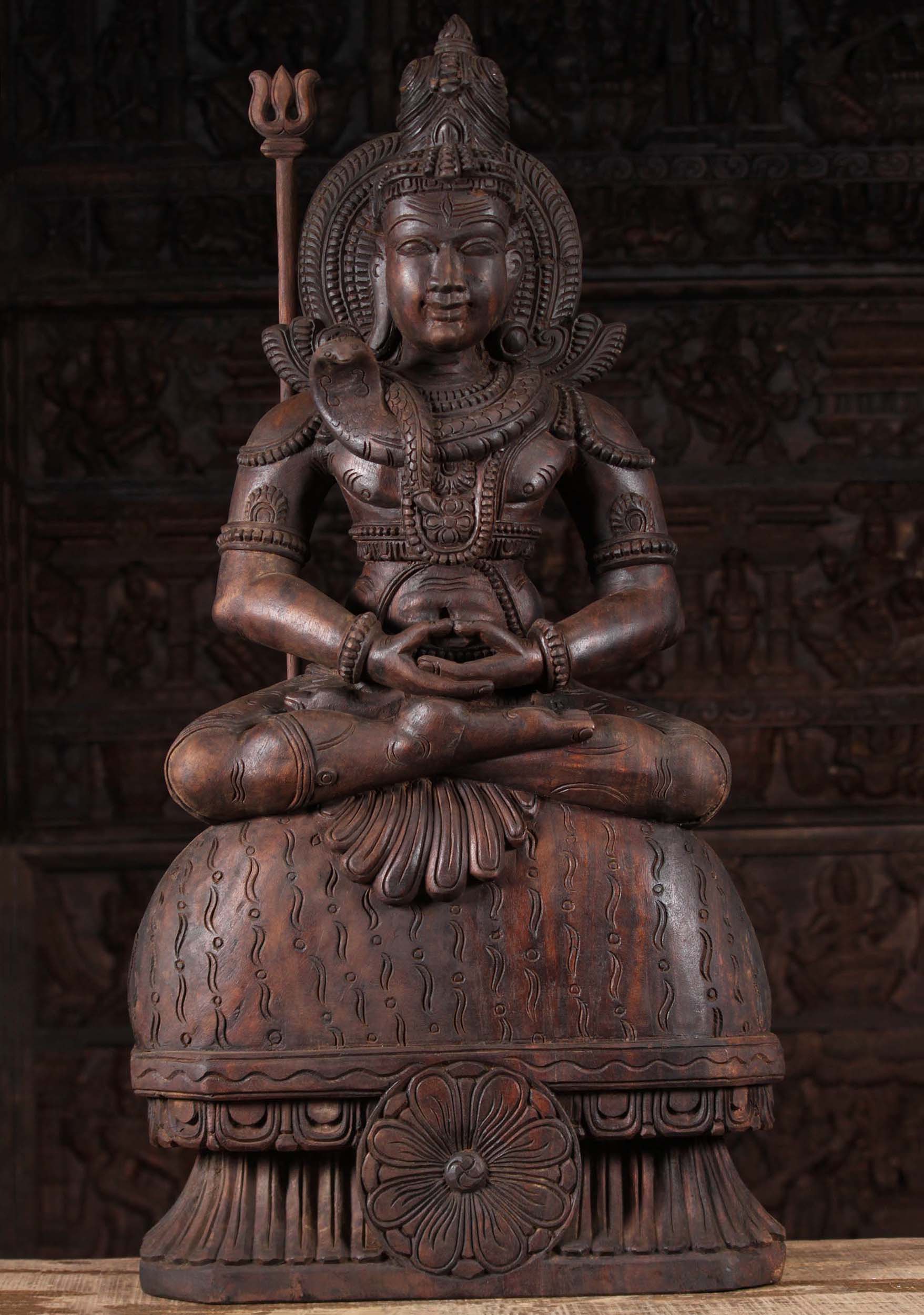 Wood Shiva Carving Meditating on Mount Kailash Seated in Full Lotus Pose with Cobra & Trident 3