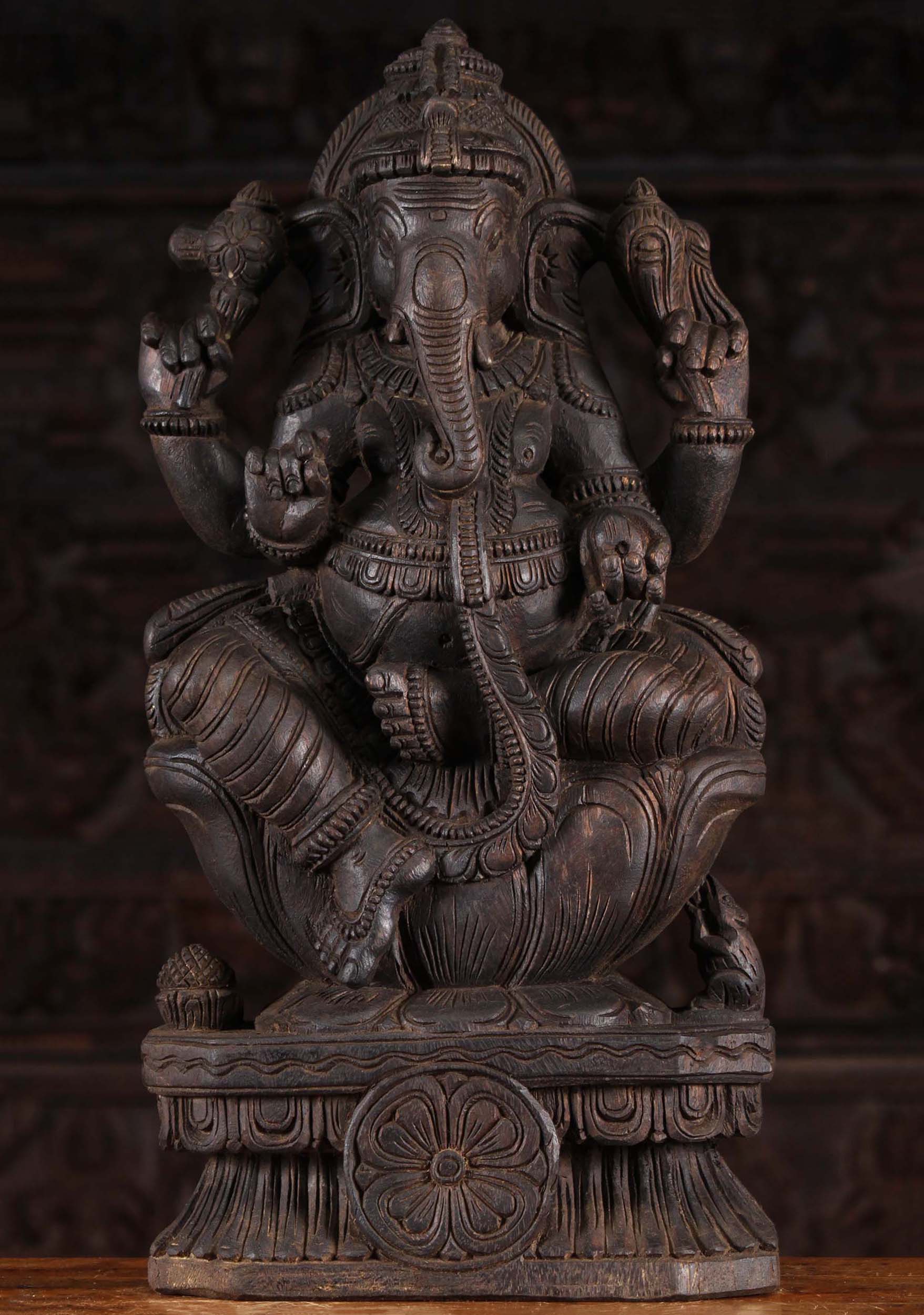 Dark Wood Seated Ganesh Sculpture 24"