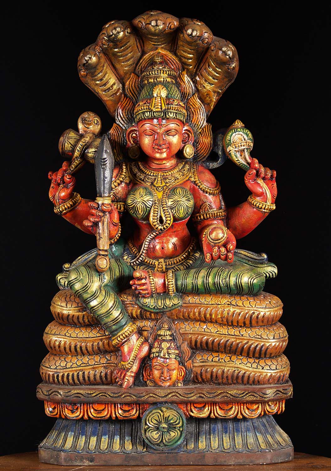 Wood Shakti Mariamman on 5 Headed Snake 26"