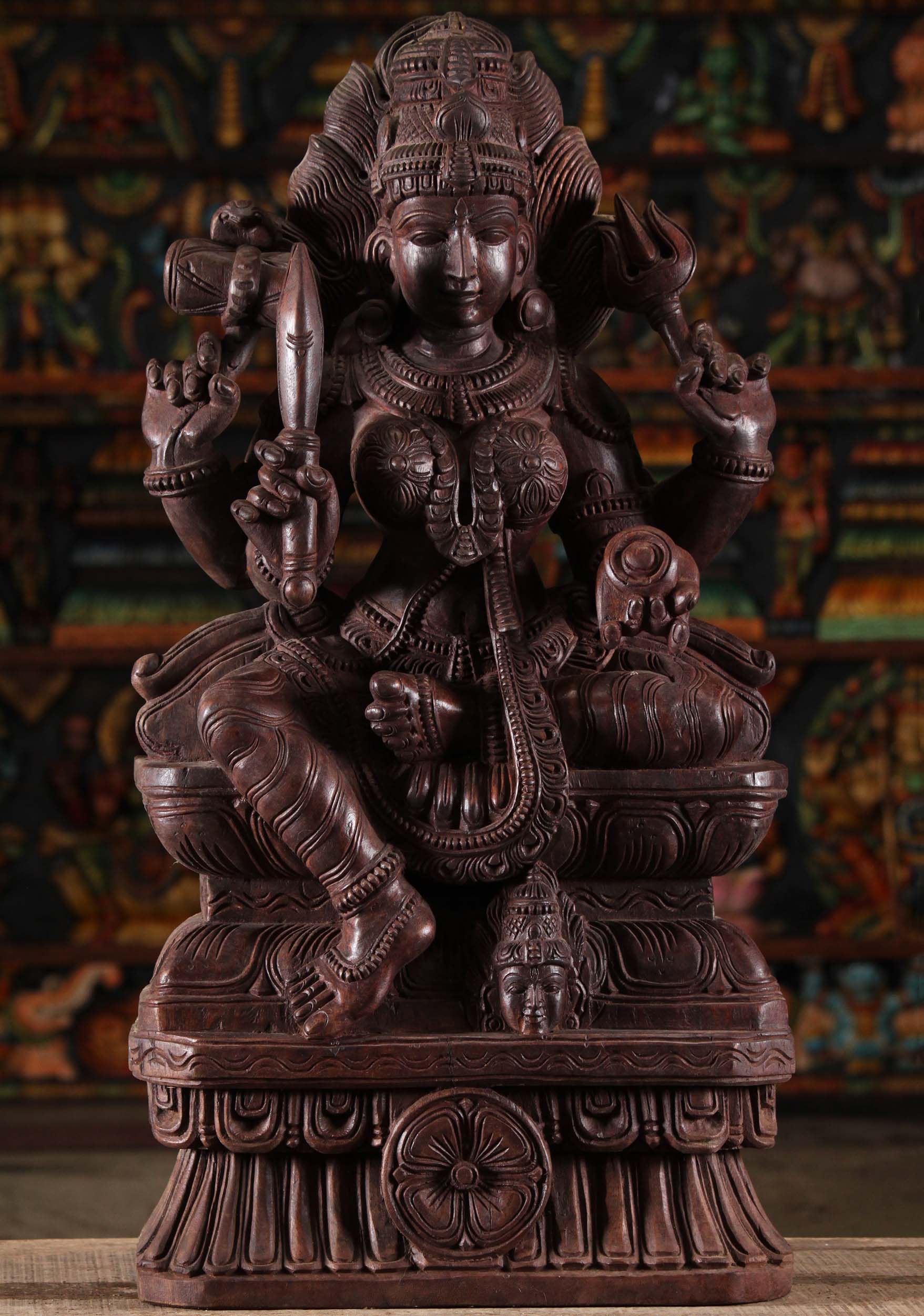 Wood Shakti Mariamman Statue Holding Knife 30"