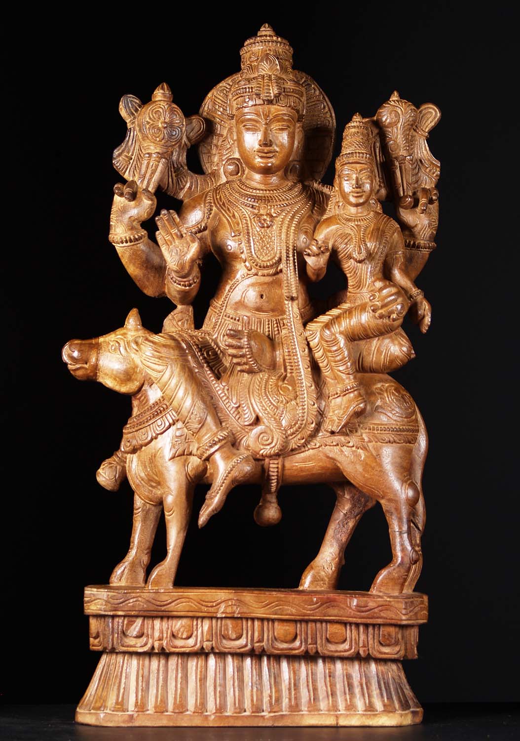 Unique Wooden Carving of Vishnu & His Wife Lakshmi Seated on Shiva's Bull Nandi 31"