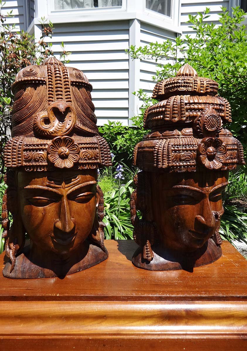 Wood Bust of Shiva & Parvati 26"