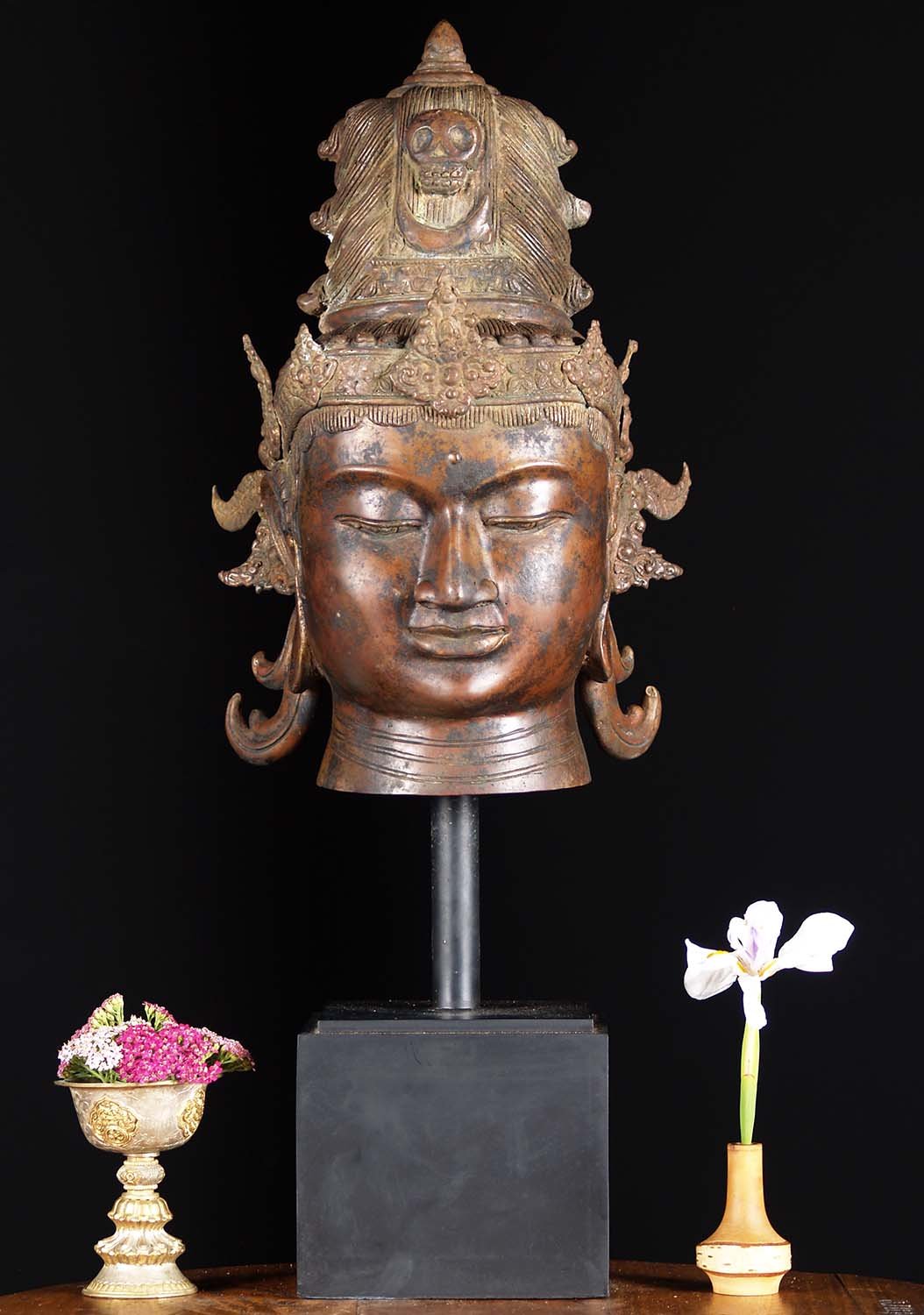 Brass Bust of Lord Shiva on Wooden Stand 27"